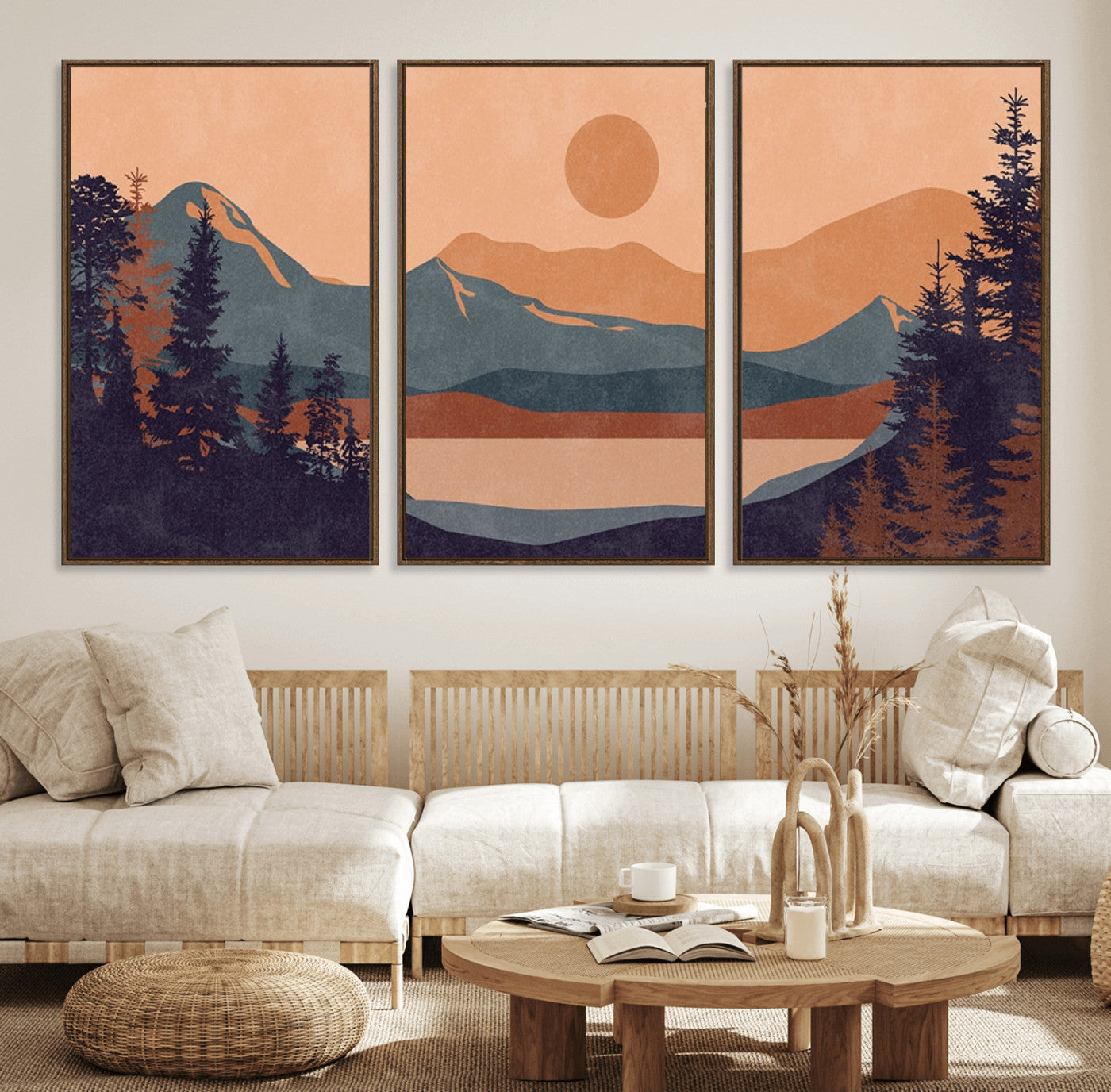 62795-MGV-FC-60X30-3P_Walnut-Modern Boho Sunset Canvas Print, Mountain Landscape Triptych – Giclée Canvas Art Print for Living