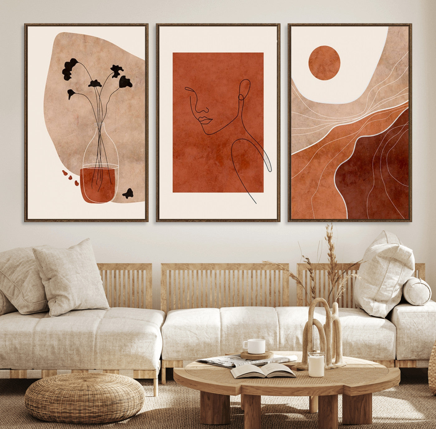 56768-MGV-FC-60X30-3P_Walnut-Boho Sunset Mountain Canvas Print, Modern Boho Sunset Mountain Landscape Triptych – Giclée Canvas