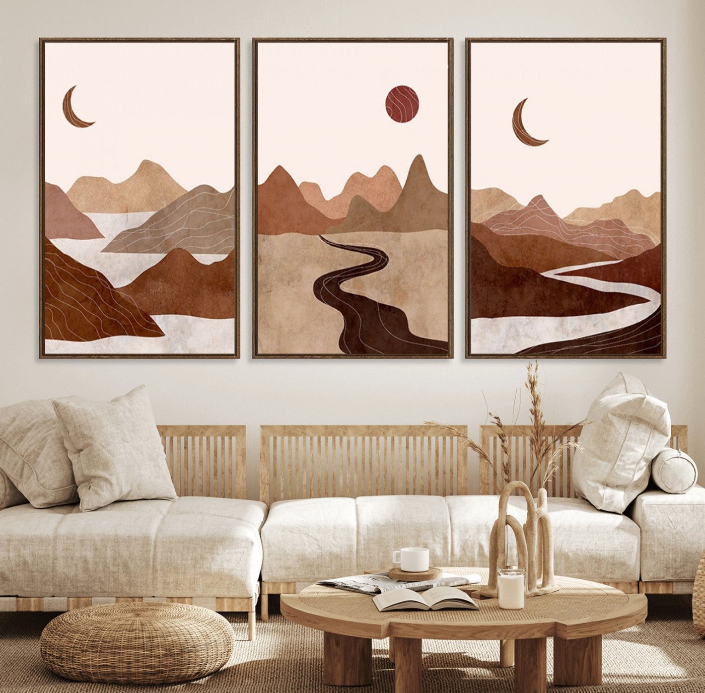72107-MGV-FC-60X30-3P_Walnut-Boho Wall Art Canvas Print Set Mid-Century Prints Bohemian Wall Artwork Prints Boho Neutral