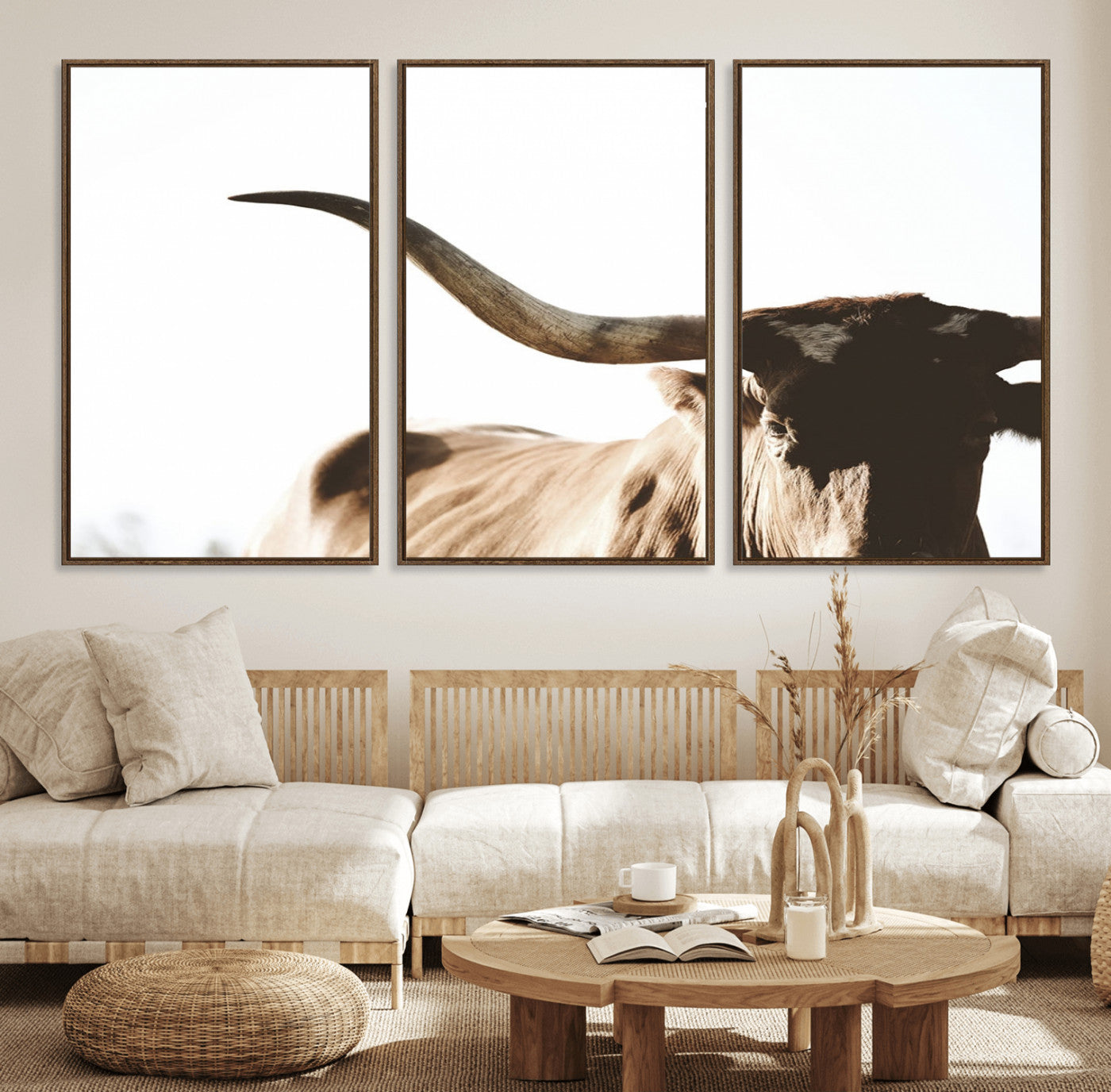 35866-MGV-FC-60X30-3P_Walnut-Texas Longhorn Wall Art Canvas Print | 3-Panel Large Longhorn Canvas Print for Living Room, Framed