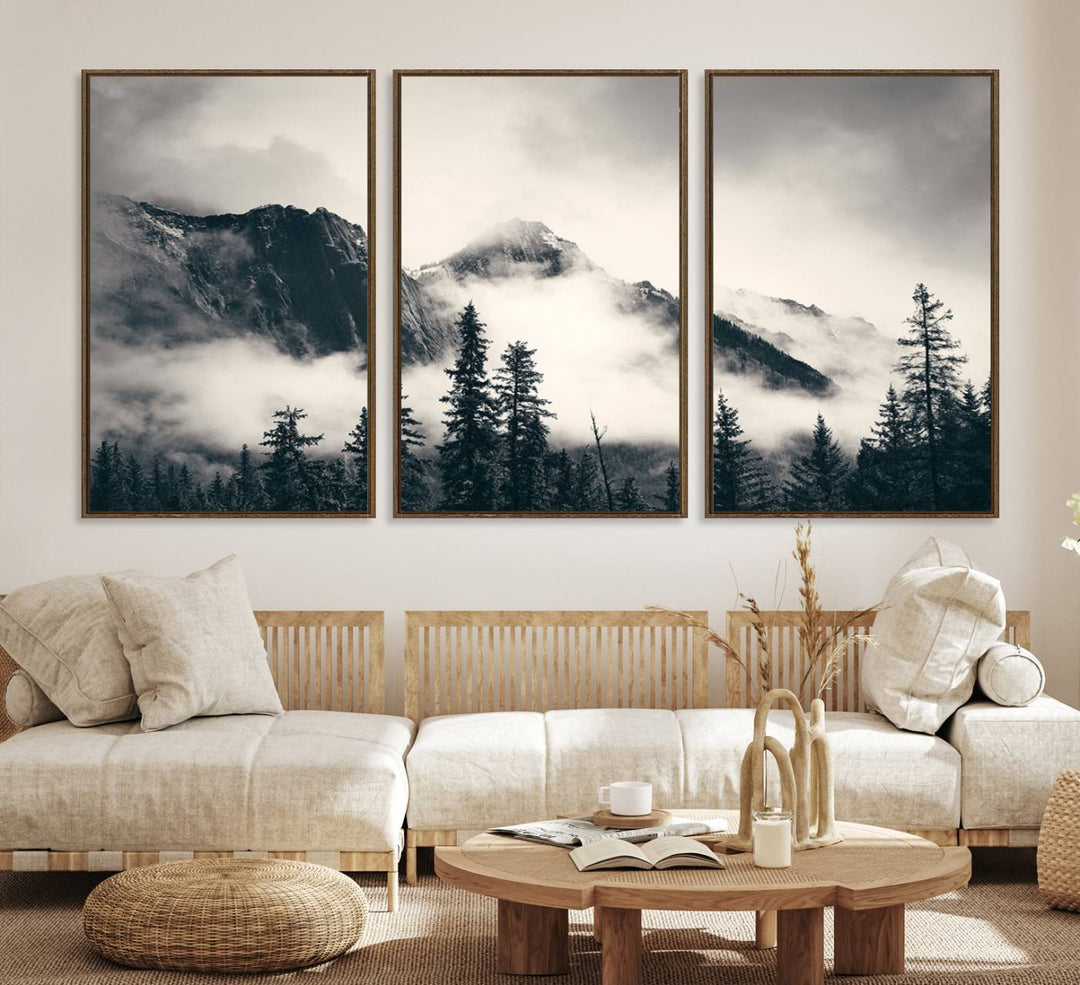 Forest Mountain Print - Black and White Canvas.