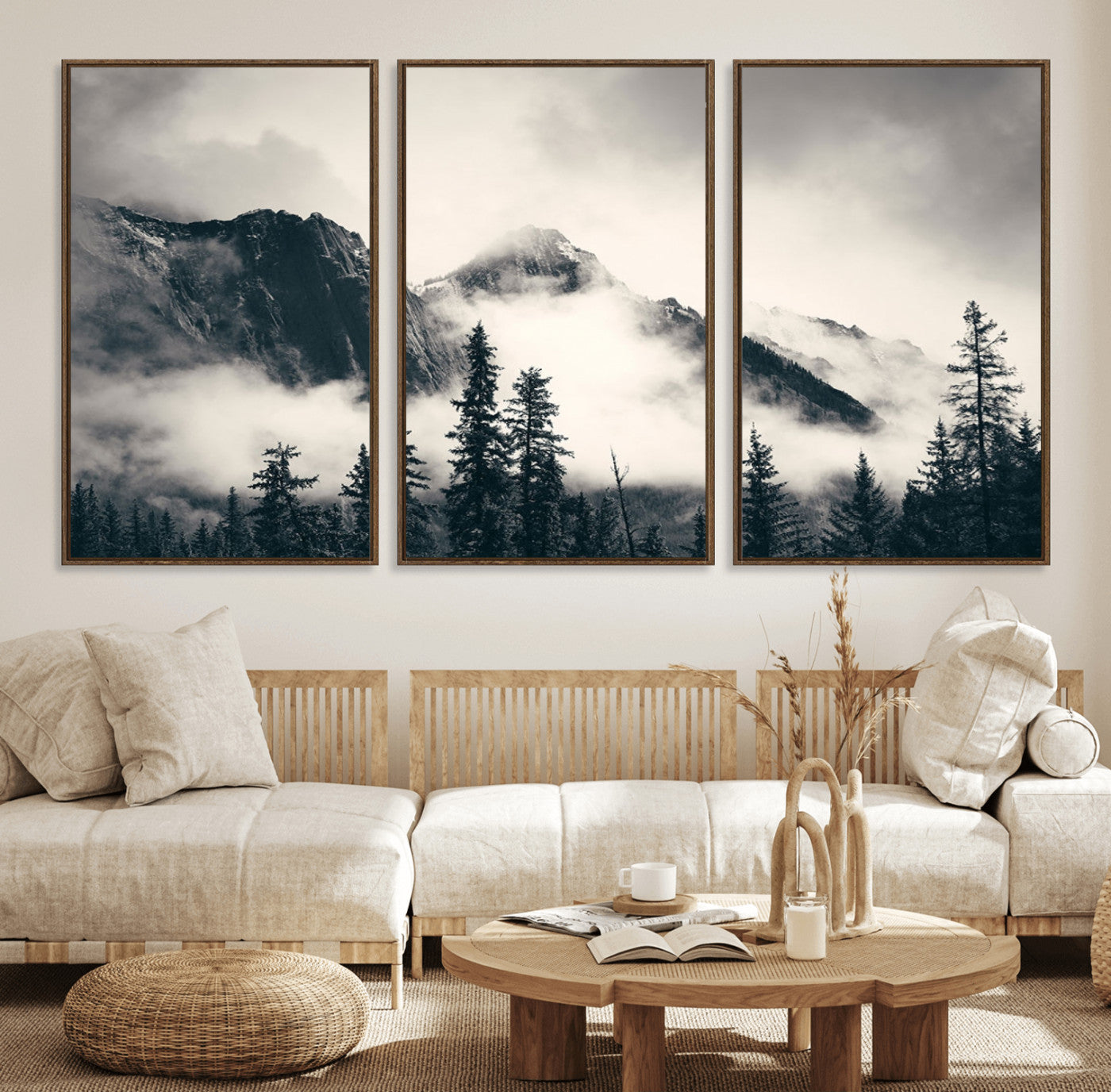 59517-MGV-FC-60X30-3P_Walnut-Large Foggy Mountain Forest Wall Art Canvas Print | Misty Mountain Peaks and Pine Trees Print |