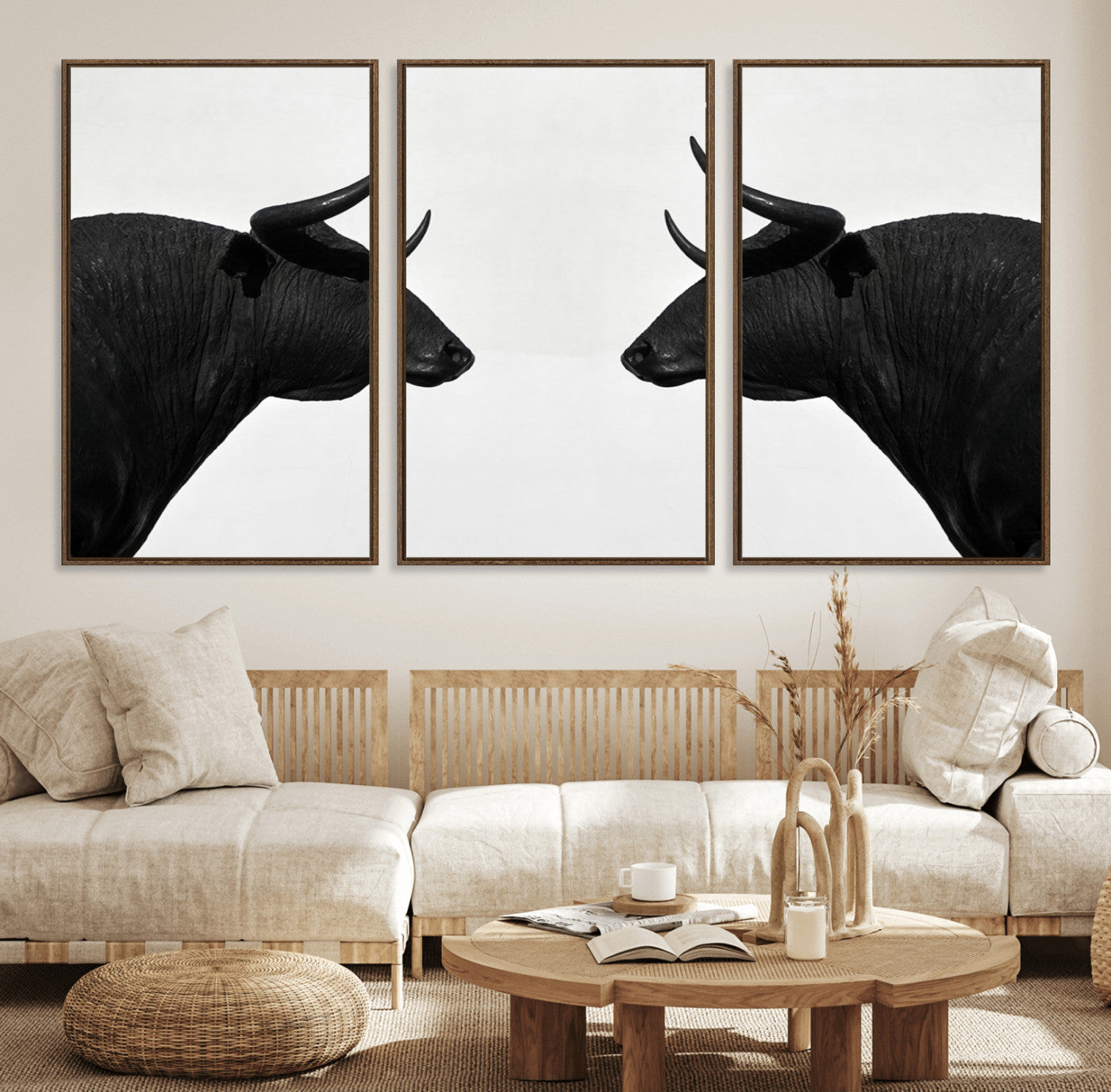 16038-MGV-FC-60X30-3P_Walnut-Spanish Bull Art - Framed Black and White Bull Canvas Print for Modern Rustic Home or Office Decor