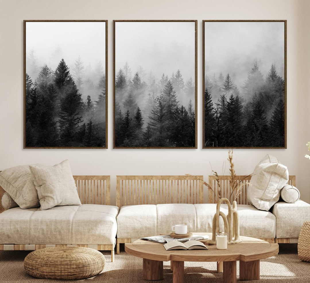 Fogy Forest Canvas Art features misty pines and a mountain landscape.