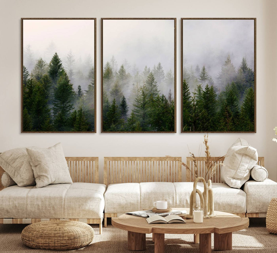 A serene, foggy evergreen forest creates a mysterious atmosphere, ideal for premium canvas wall art.