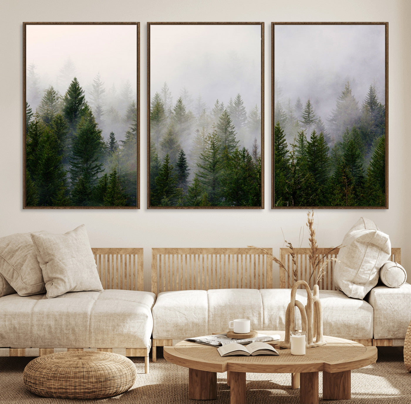 11436-MGV-FC-60X30-3P_Walnut-Misty Pine Forest Wall Art Canvas Print | 3 Panel Green Woodland Canvas Print for Living Room,