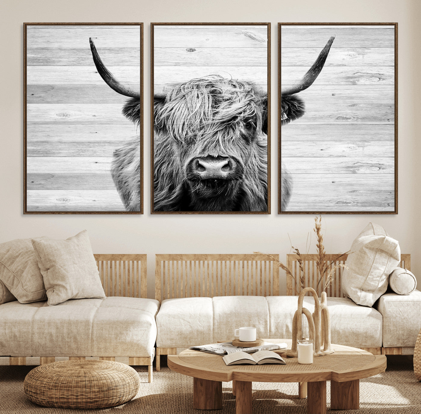 14634-MGV-FC-60X30-3P_Walnut-Scottish Highland Cow Cattle Art Print on Wood Background Style, Scottish Highland Cow Wall Art