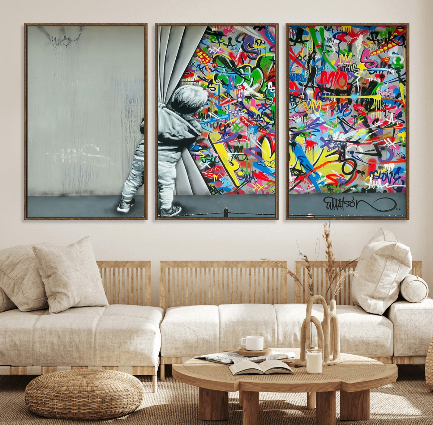 51713-MGV-CV-36X24-Banksy Colorful Street Graffiti Canvas Wall Art Print, Modern Art Triptych, Child and Graffiti Wall,