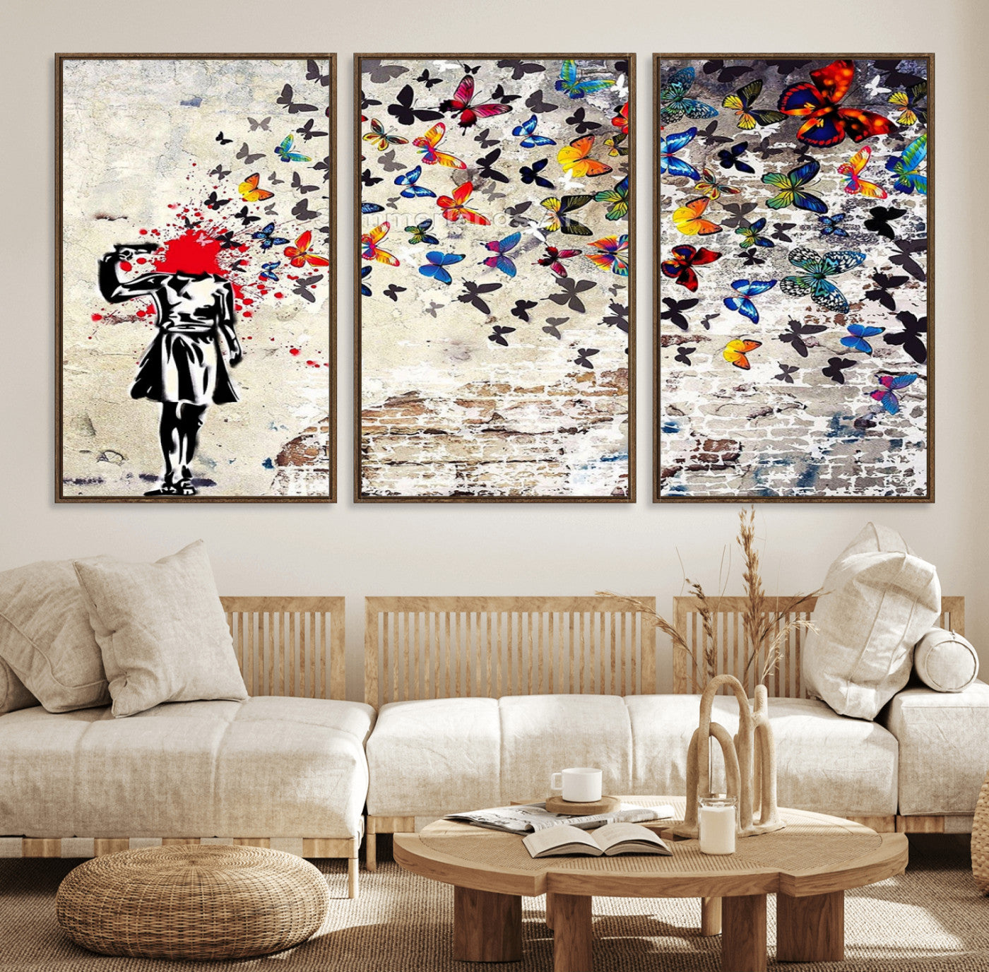 88654-MGV-FC-60X30-3P_Walnut-Banksy Art Butterfly Girl Explosion Canvas Art – Vibrant Urban Graffiti for Modern Interiors - Ready