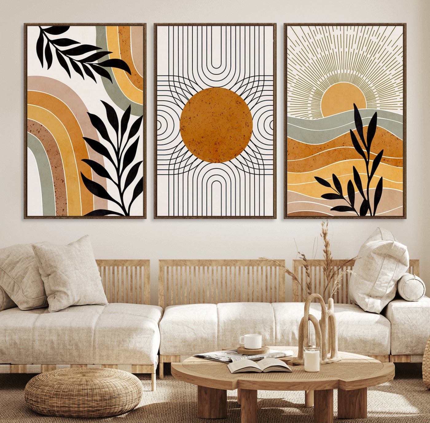 54028-MGV-FC-60X30-3P_Walnut-Modern Boho Sun and Leaf Abstract Art – 3-Panel Giclée Canvas for Mid-Century Modern or Bohemian