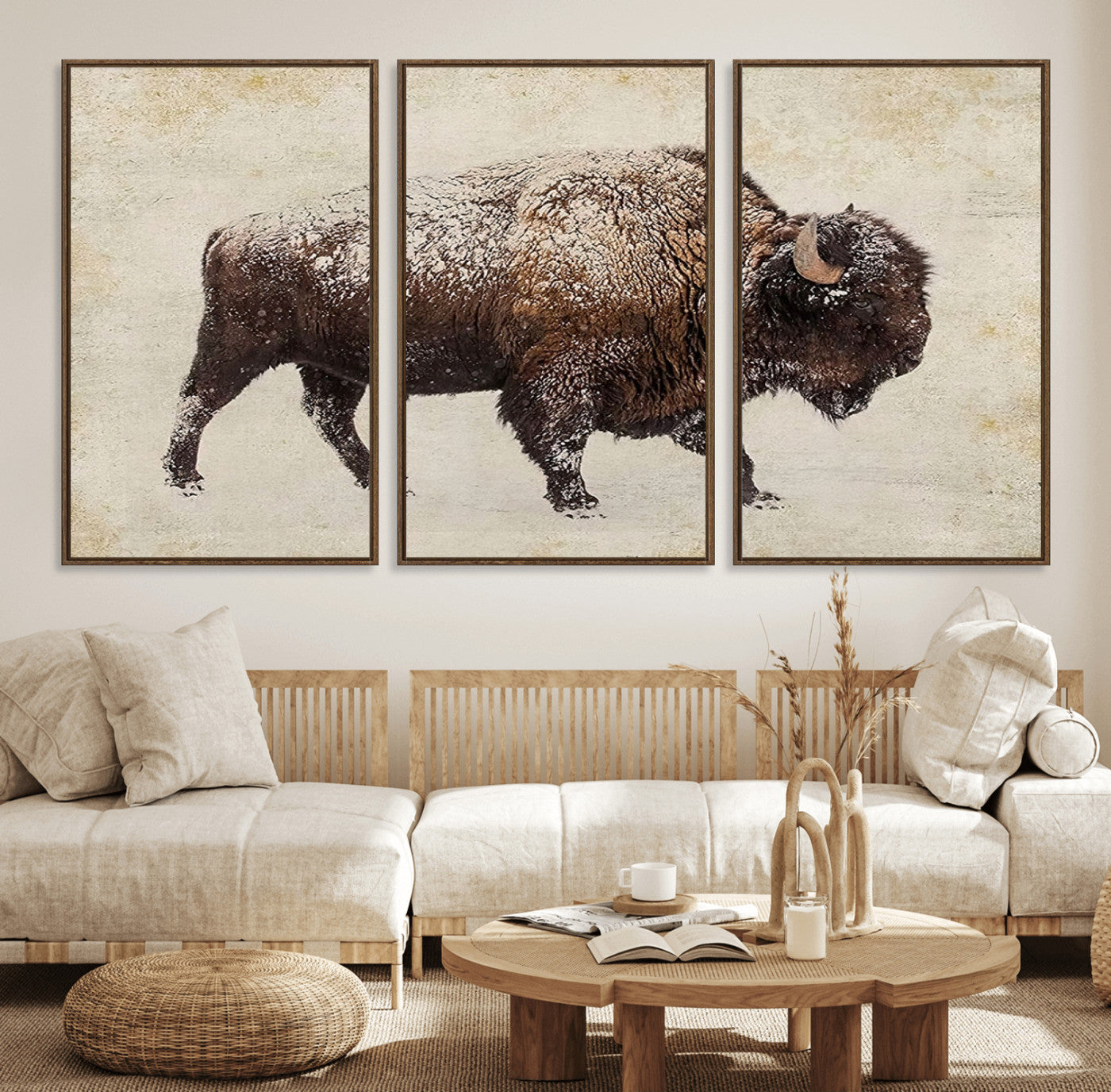 MGV-FC-60X30-3P - Buffalo Wall Art, Western Bison Canvas Print, Rustic Buffalo Art for Cowboy Western Decor, Large Multi-Panel Giclee Canvas for Farmhouse Wall Decor
