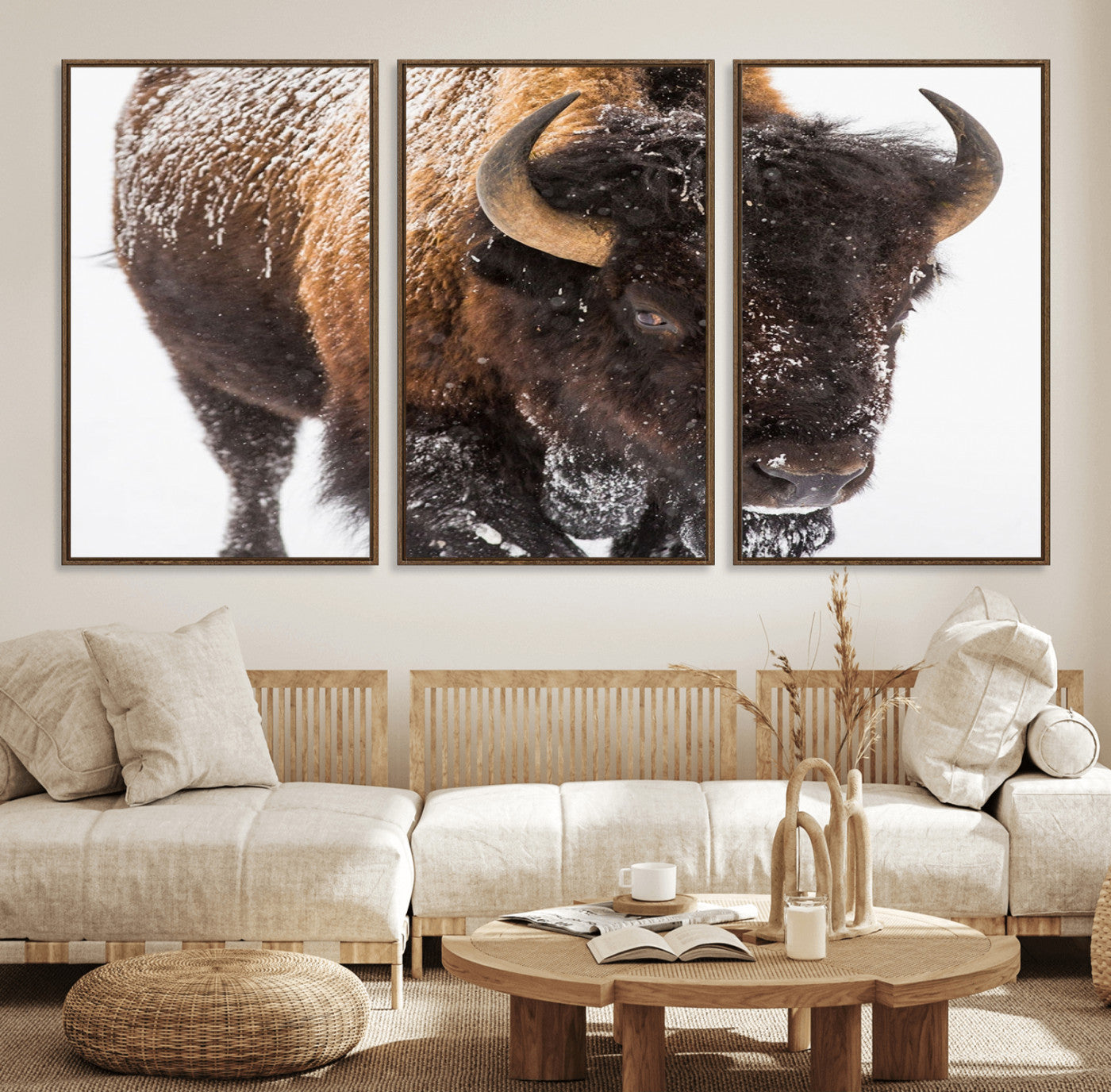 65605-MGV-FC-60X30-3P_Walnut-Bison Wall Art Canvas Print For Farmhouse, Wild Animal Wall Art, Framed Wild Bison Wall Art