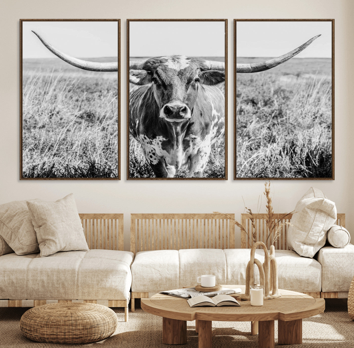MGV-FC-60X30-3P - Texas Cow Longhorn Wall Art Canvas Print for Farm House Wall Decor, Farmhouse Wall Art Print
