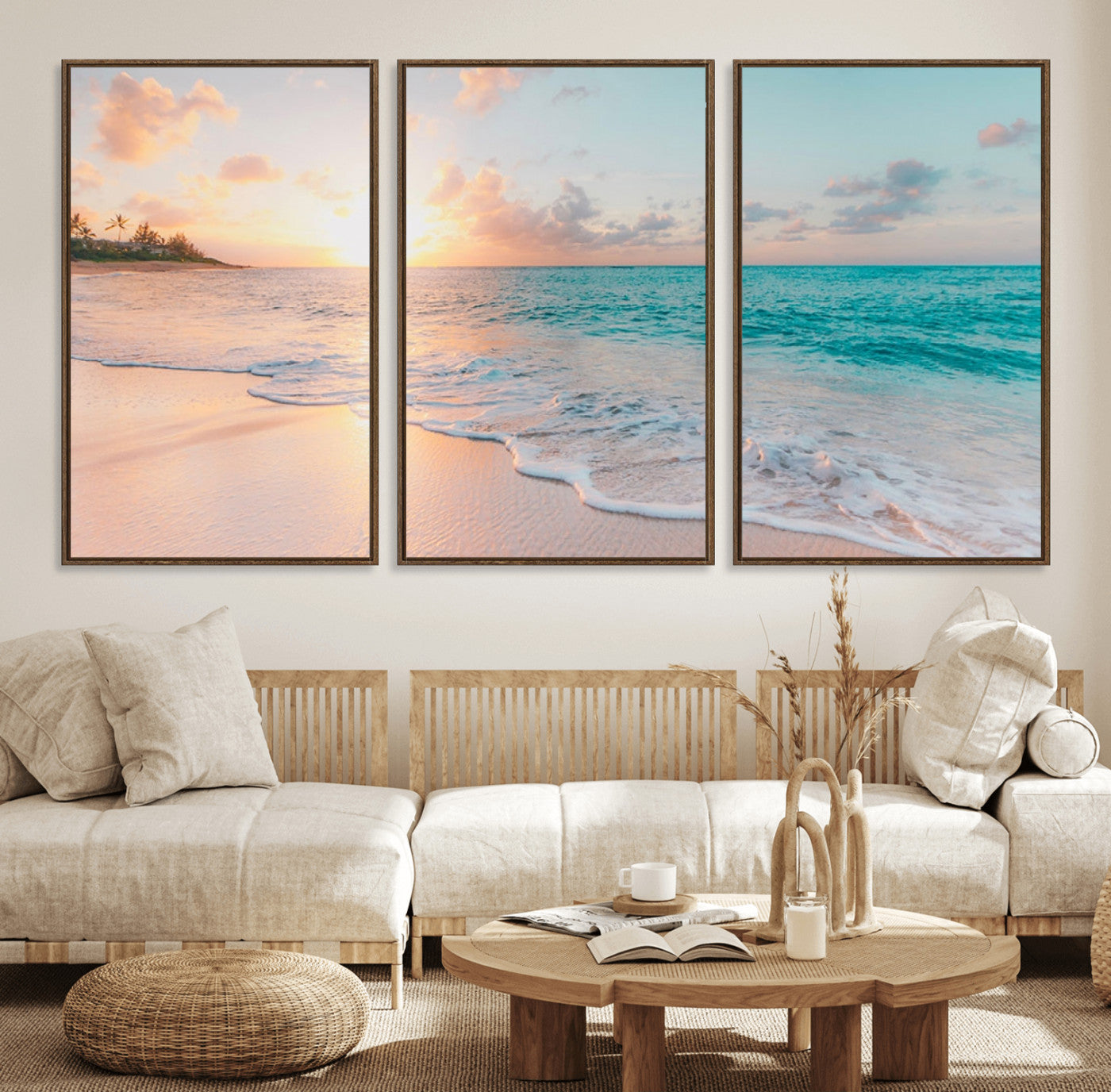 MGV-FC-60X30-3P - Beach Sunrise Wall Art, Coastal Seascape Canvas Print, Ocean Wave Multi-Panel Giclee, Coastal Sunset Beach Scene for Modern Decor