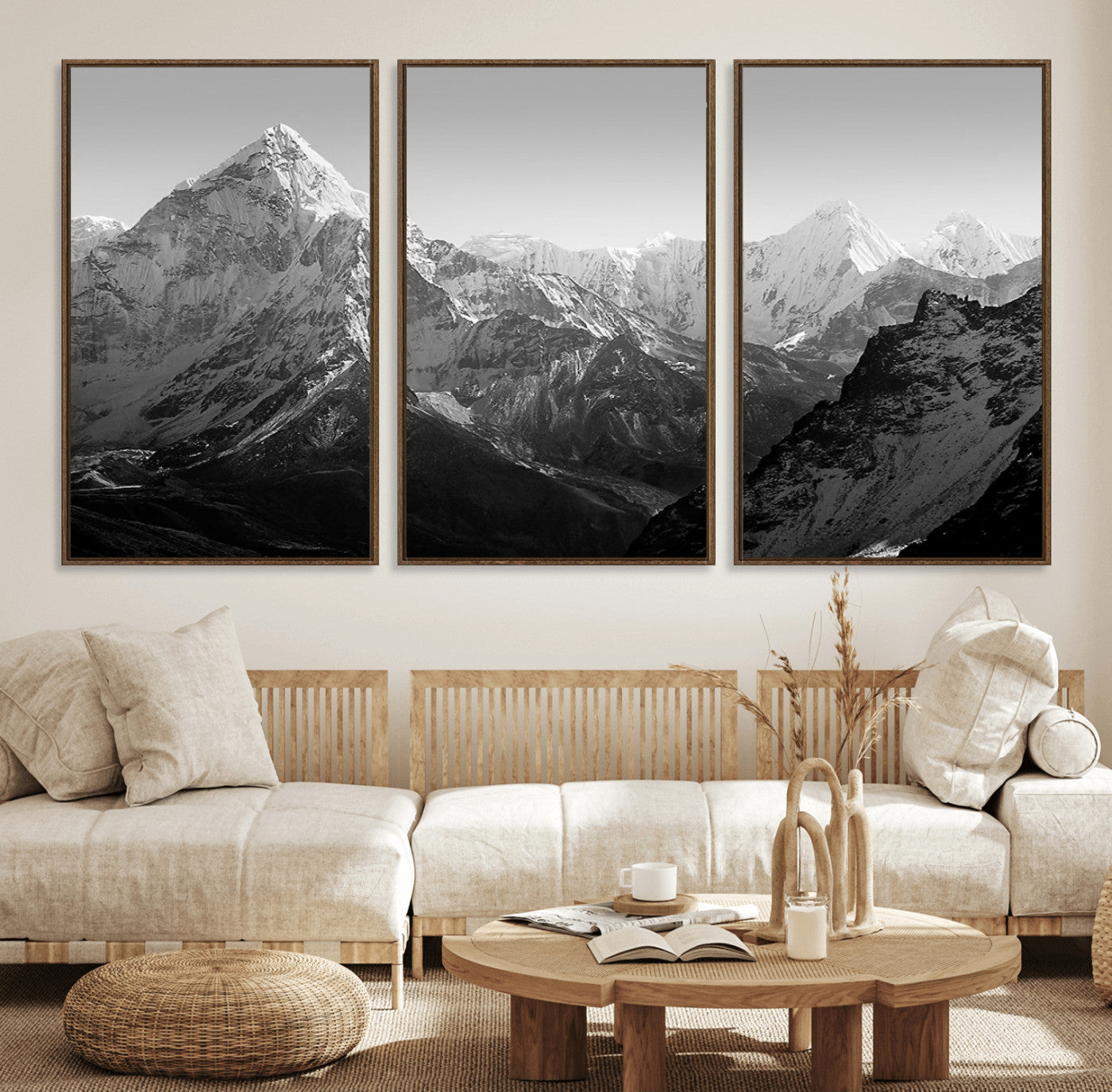 MGV-FC-60X30-3P - Everest Himalaya Mountain Peaks Black & White Triptych Canvas Art – Mountain Wall Decor, Everest