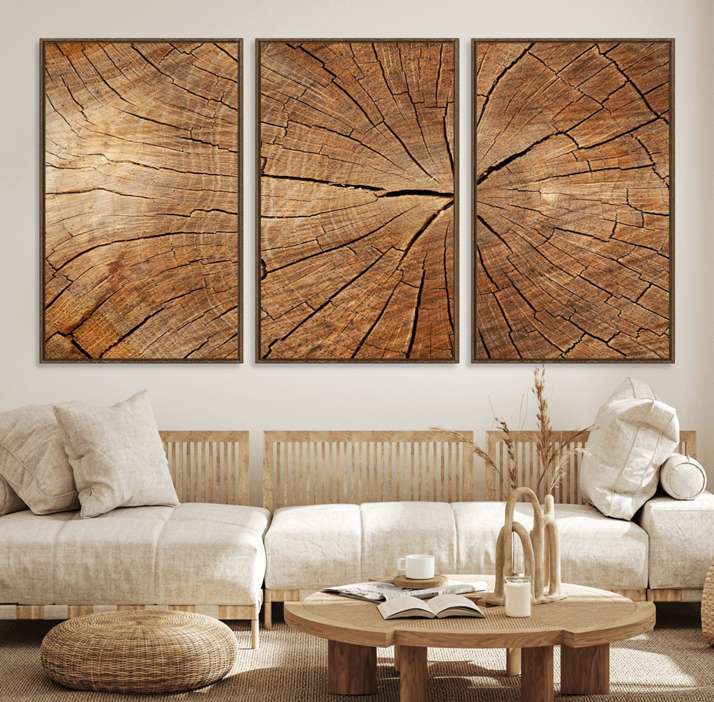 61710-MGV-FC-60X30-3P_Walnut-Tree Ring Canvas Art, Rustic Wood Grain Wall Art, Tree Slice Decor for Modern Homes, Giclee