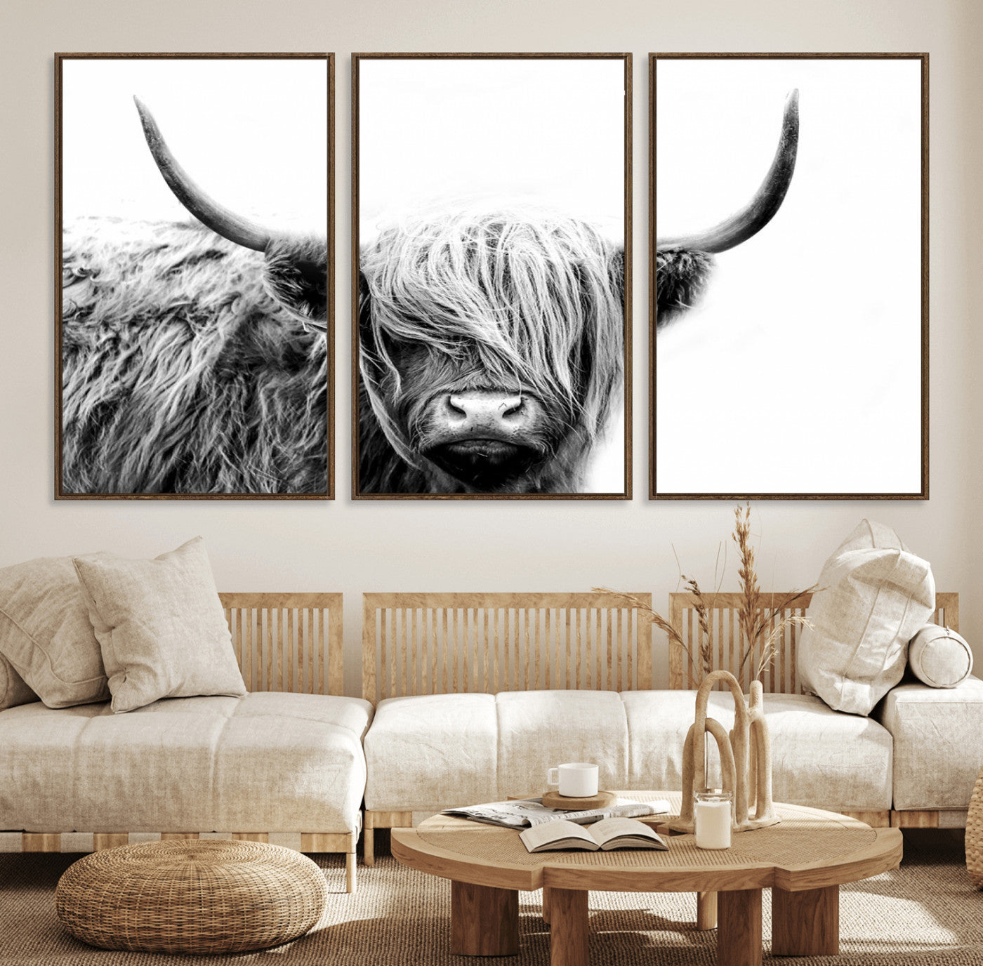 51957-MGV-FC-60X30-3P_Walnut-Black White Scottish Highland Cow Cattle Art Print Farmhouse Wall Art Canvas Print
