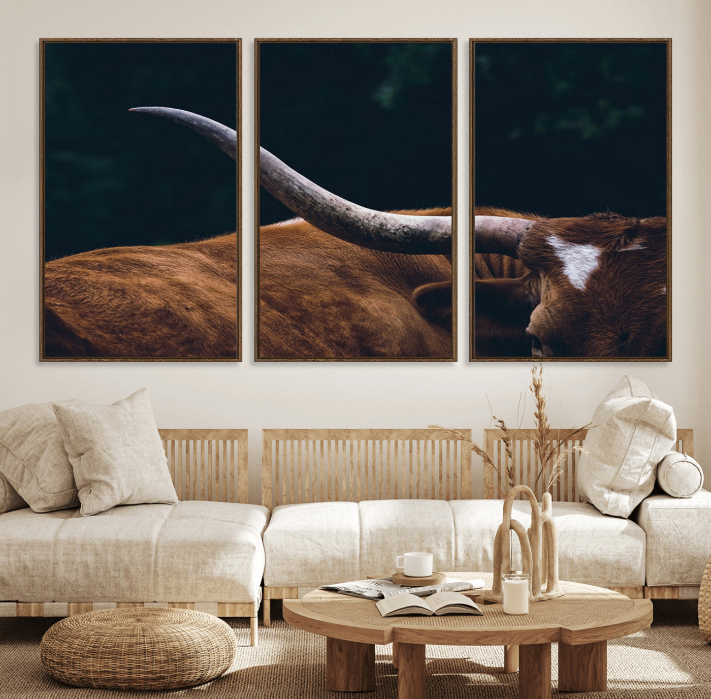 MGV-FC-60X30-3P - Texas Longhorn Bull Wall Art Canvas Print - Large Framed Canvas Wall Art, Animal Print for Rustic Home or Office Décor, Farmhouse Cabin Wall Decor