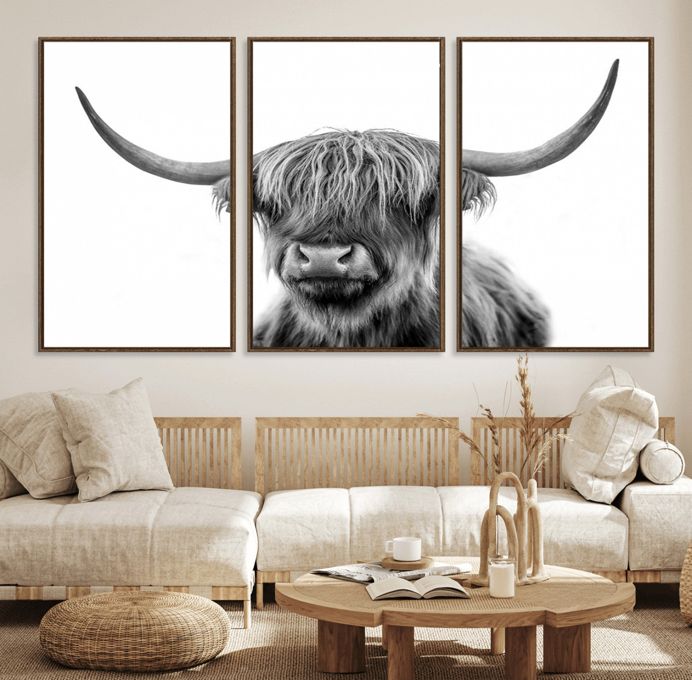 58935-MGV-FC-60X30-3P_Walnut-Grayscale Scottish Highland Cow Cattle Art Print Farmhouse Wall Art Canvas Print