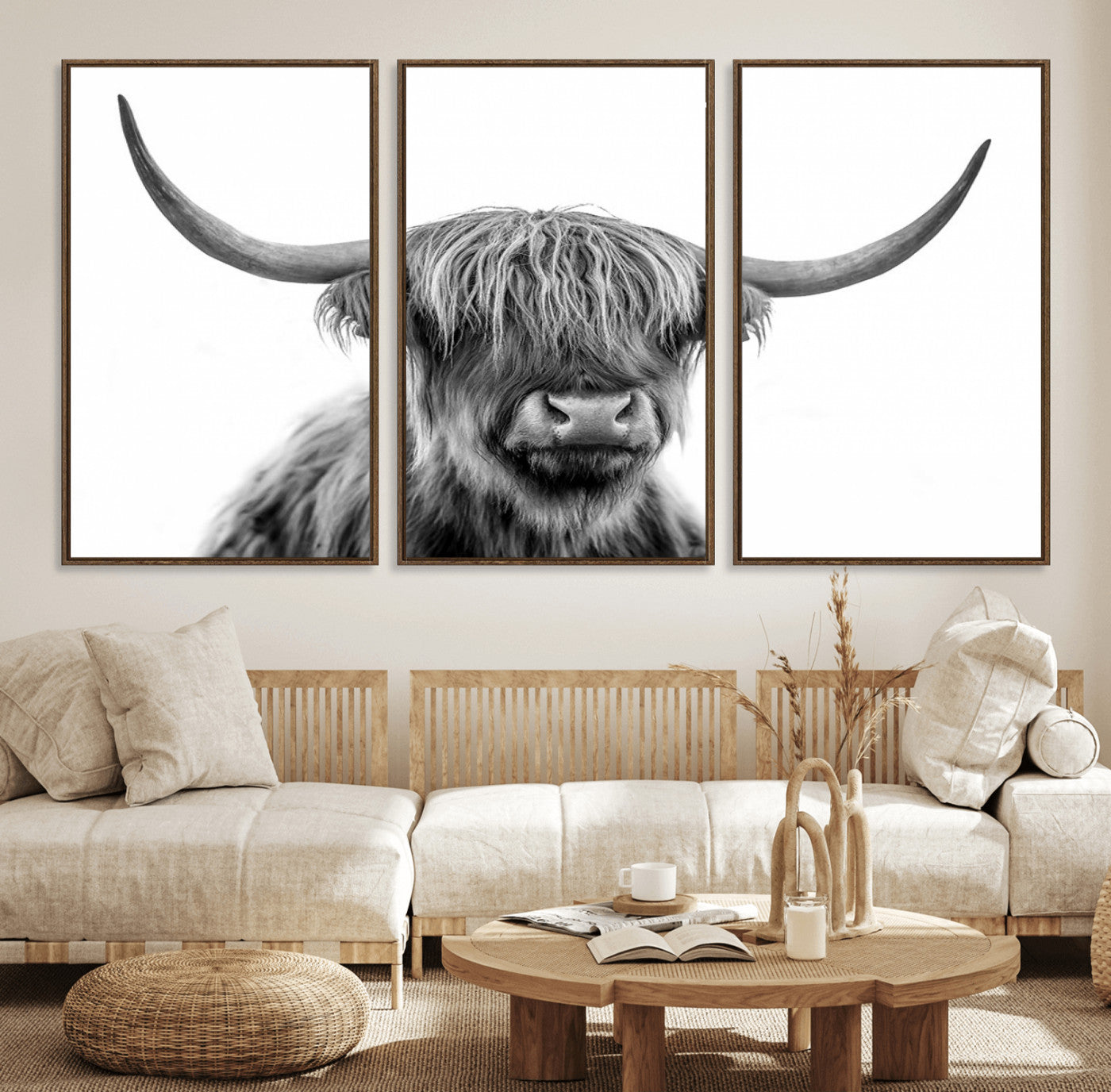 75503-MGV-FC-60X30-3P_Walnut-Scottish Highland Cow Cattle Art Print Wall Art Canvas Print for Farmhouse Decor, Framed Scottish