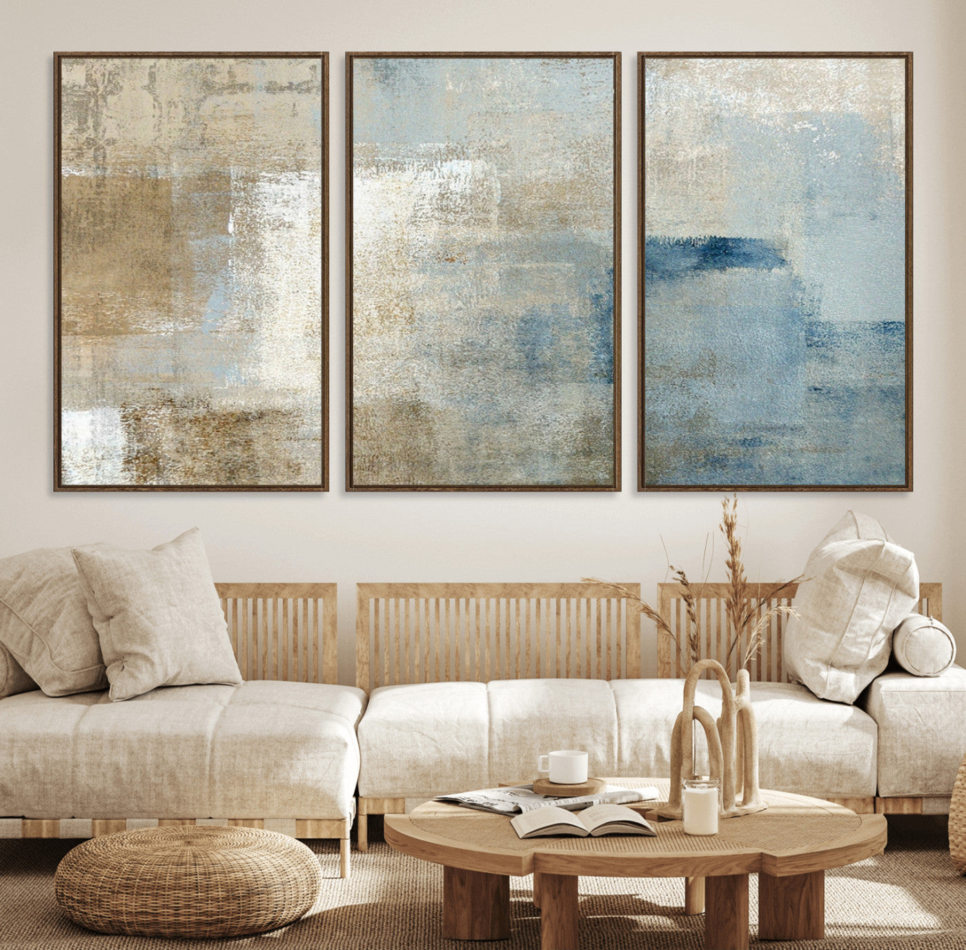 MGV-FC-60X30-3P - Abstract Blue and Beige Wall Art, Modern Minimalist Canvas Print Set, Giclee Textured Art, Large