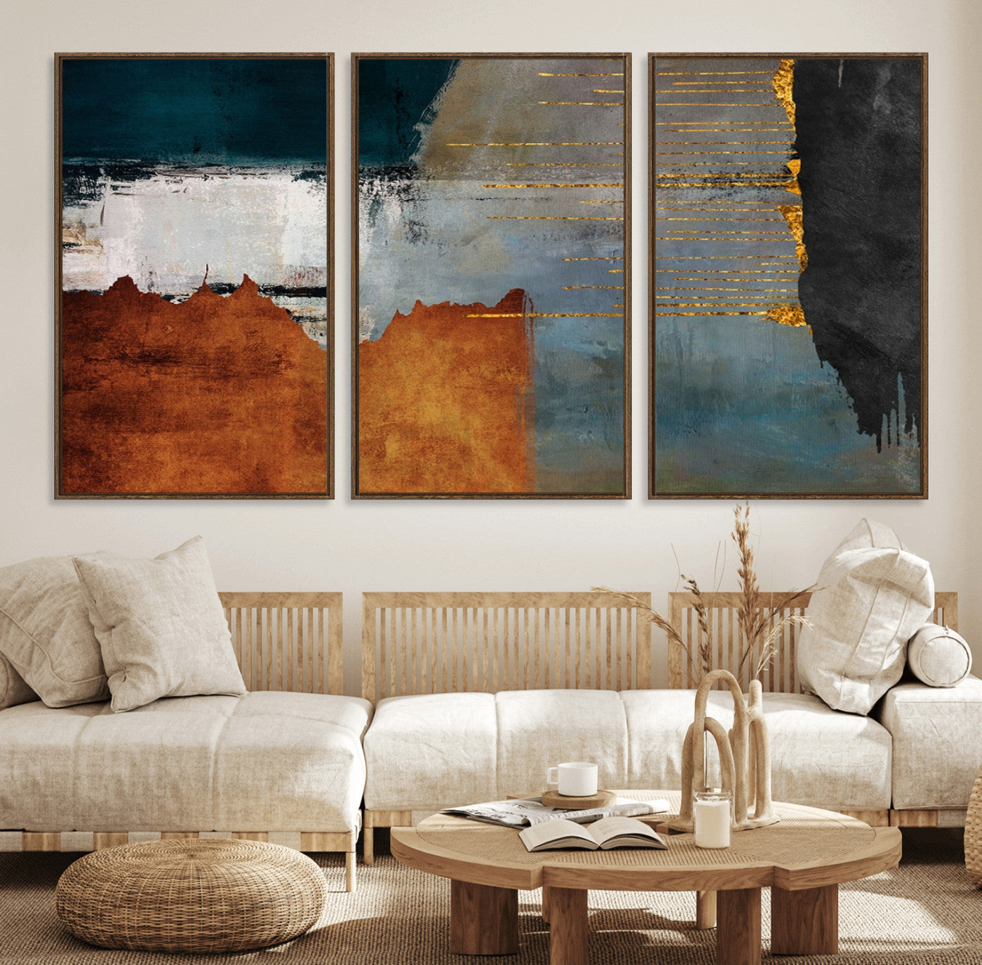 35026-MGV-FC-60X30-3P_Walnut-Modern Abstract Canvas Art Canvas Print - Framed and Ready to Hang Artwork for Contemporary Living