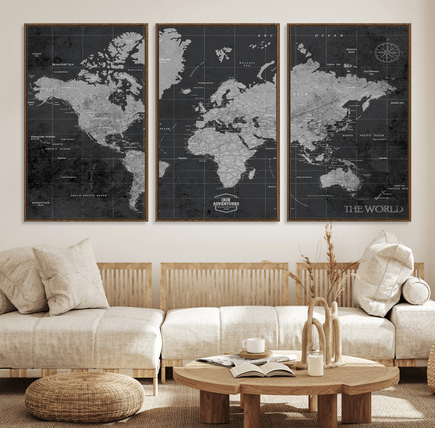 85500-MGV-FC-60X30-3P_Walnut-Push Pin World Map Canvas Print – Travel Tracker Wall Art for Couples, Perfect Anniversary Gift for Home or Office Decor