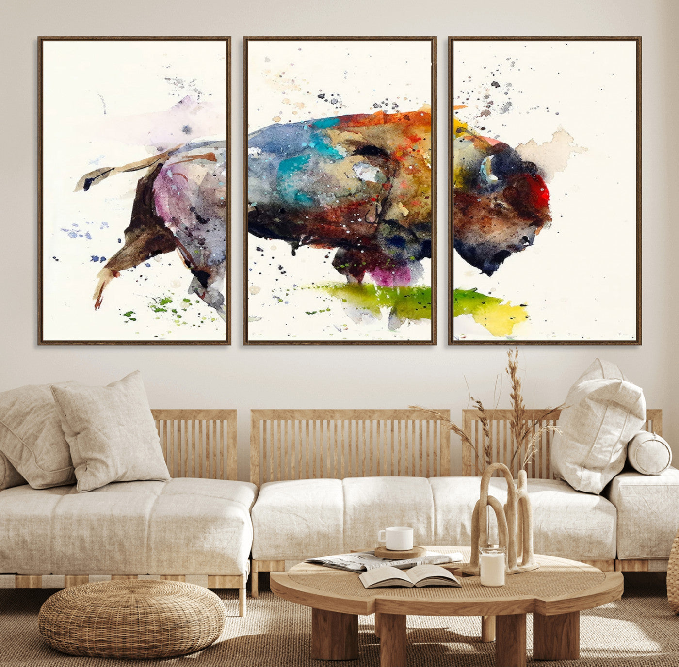 MGV-FC-60X30-3P - Abstract Buffalo Wall Art, Western Watercolor Bison Canvas Print, Rustic Buffalo Art for Cowboy and Western Decor, Large Multi-Panel Giclee Canvas