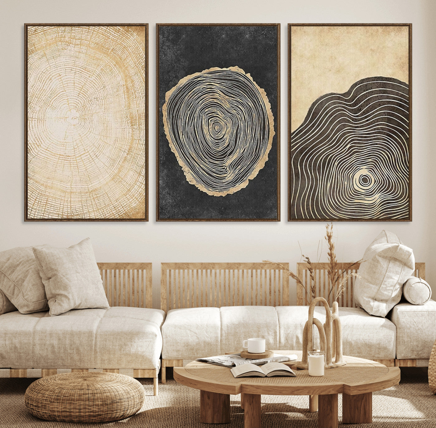 MGV-FC-60X30-3P - Tree Rings Canvas Wall Art Print – Minimalist Natural History in Modern Decor - Minimalist Boho Wall