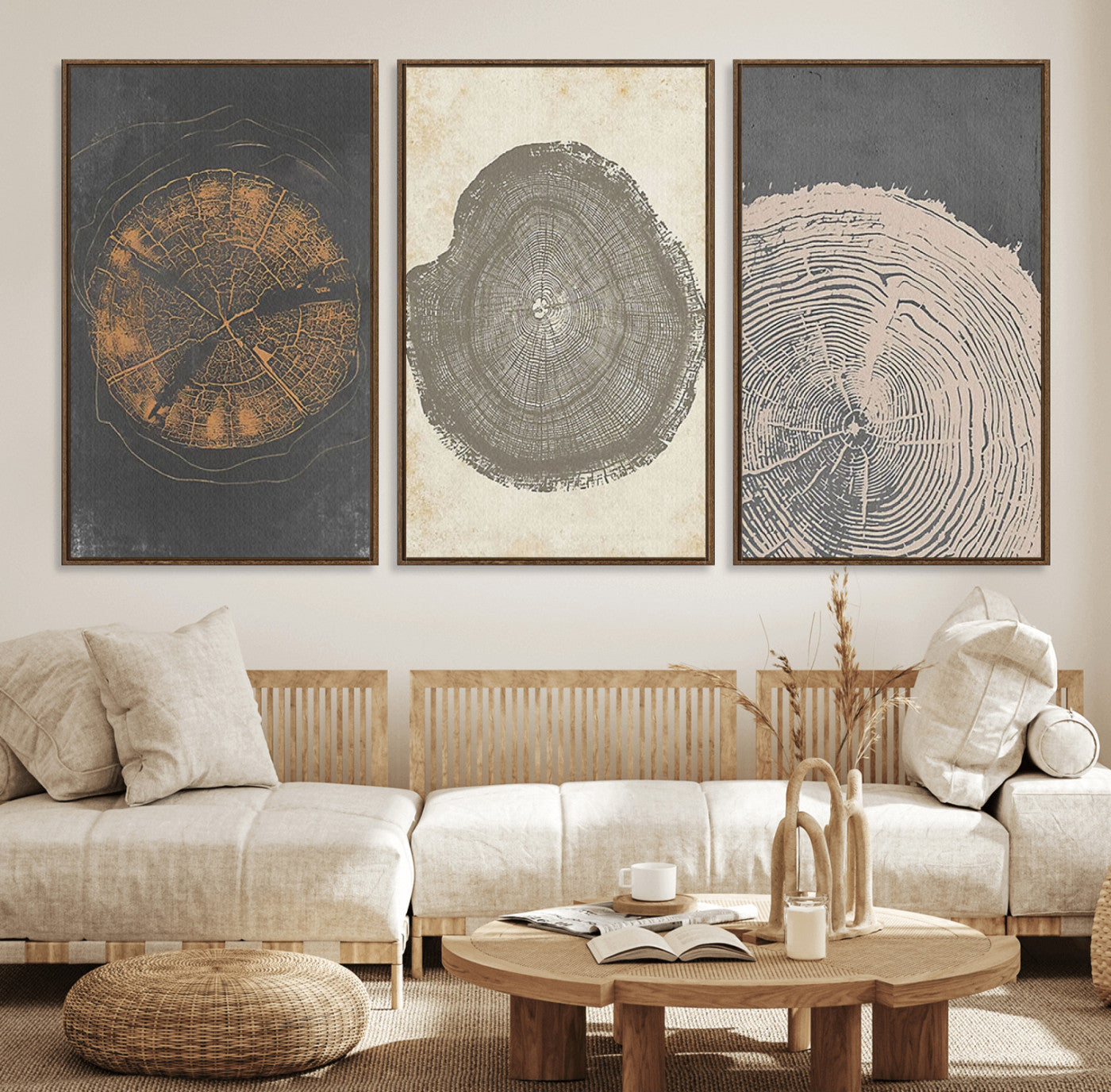 80725-MGV-FC-60X30-3P_Walnut-Boho Tree Ring Wall Art, Modern Minimalist Wood Grain Canvas, Tree Slice for Rustic Decor, Farmhouse