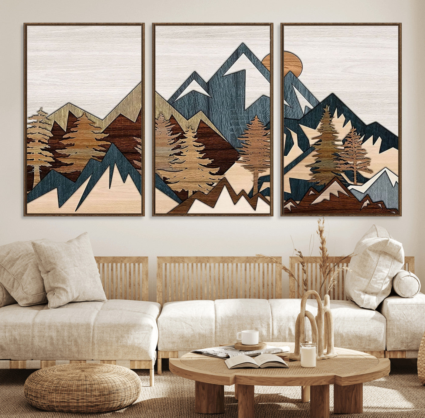 67950-MGV-FC-60X30-3P_Walnut-Woodland Mountain Landscape Triptych, Giclee Canvas Art for Modern Home, Rustic Wooden Nature Wall