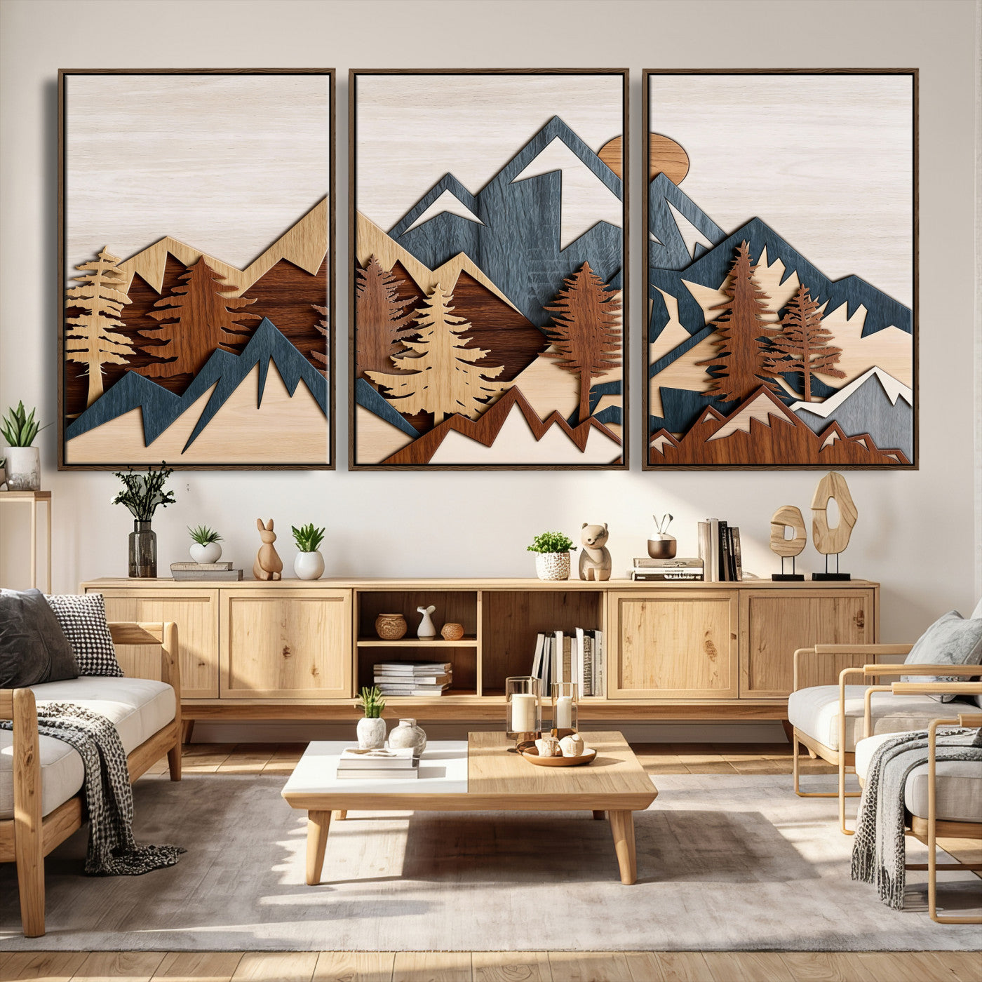67950-MGV-CV-36X24 - Woodland Mountain Landscape Triptych, Giclee Canvas Art for Modern Home, Rustic Wooden Nature Wall