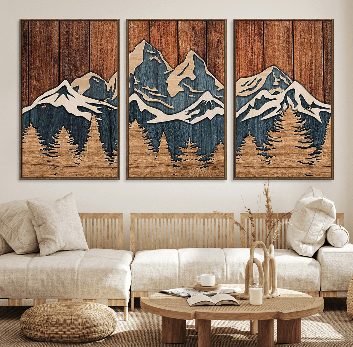 41330-MGV-FC-60X30-3P_Walnut-Rustic Wood Style Mountain Wall Art, Nature Forest Canvas Print, Wooden Textured Mountain Artwork,