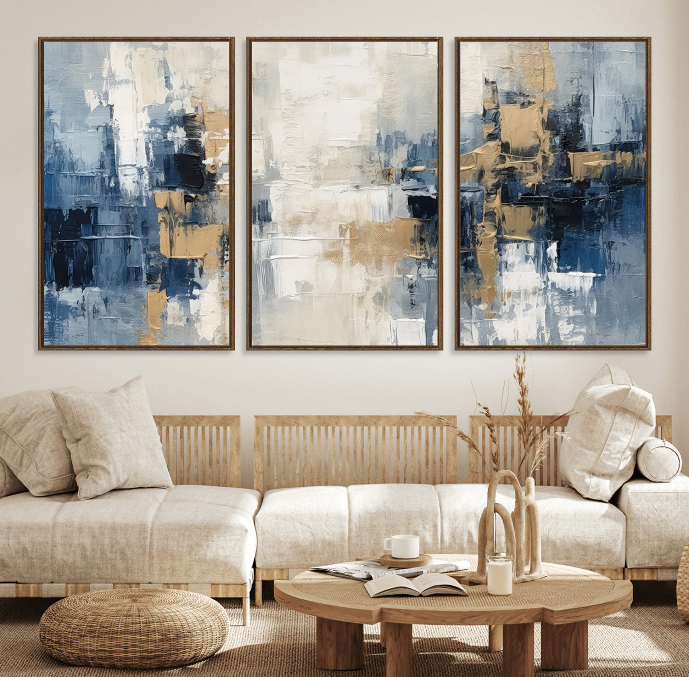 MGV-FC-60X30-3P - Modern Abstract Canvas Wall Art in Blue and Gold Tones | Large Contemporary Art for Living Room, Office, or Bedroom Décor
