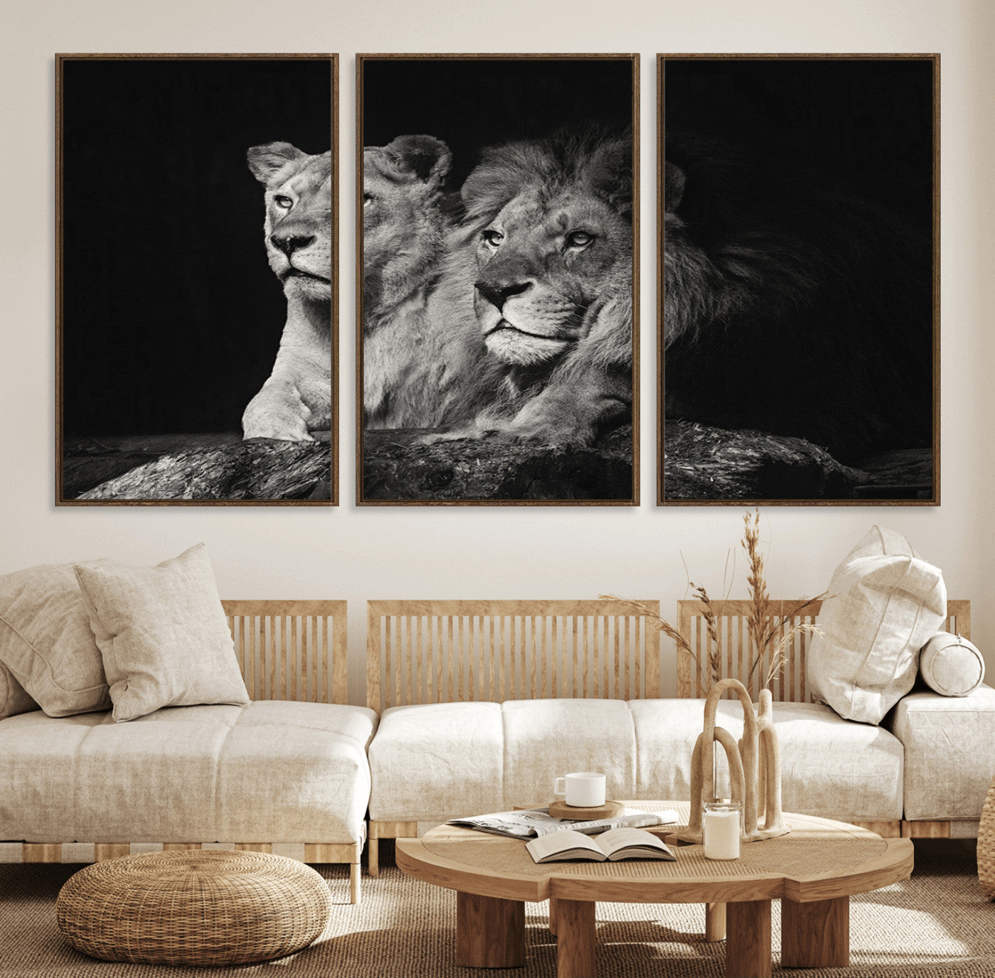 80013-MGV-FC-60X30-3P_Walnut-Lion Couple Wall Art Canvas Print – Elegant Black and White Wildlife Portrait Lion Family Artwork for Home, Office