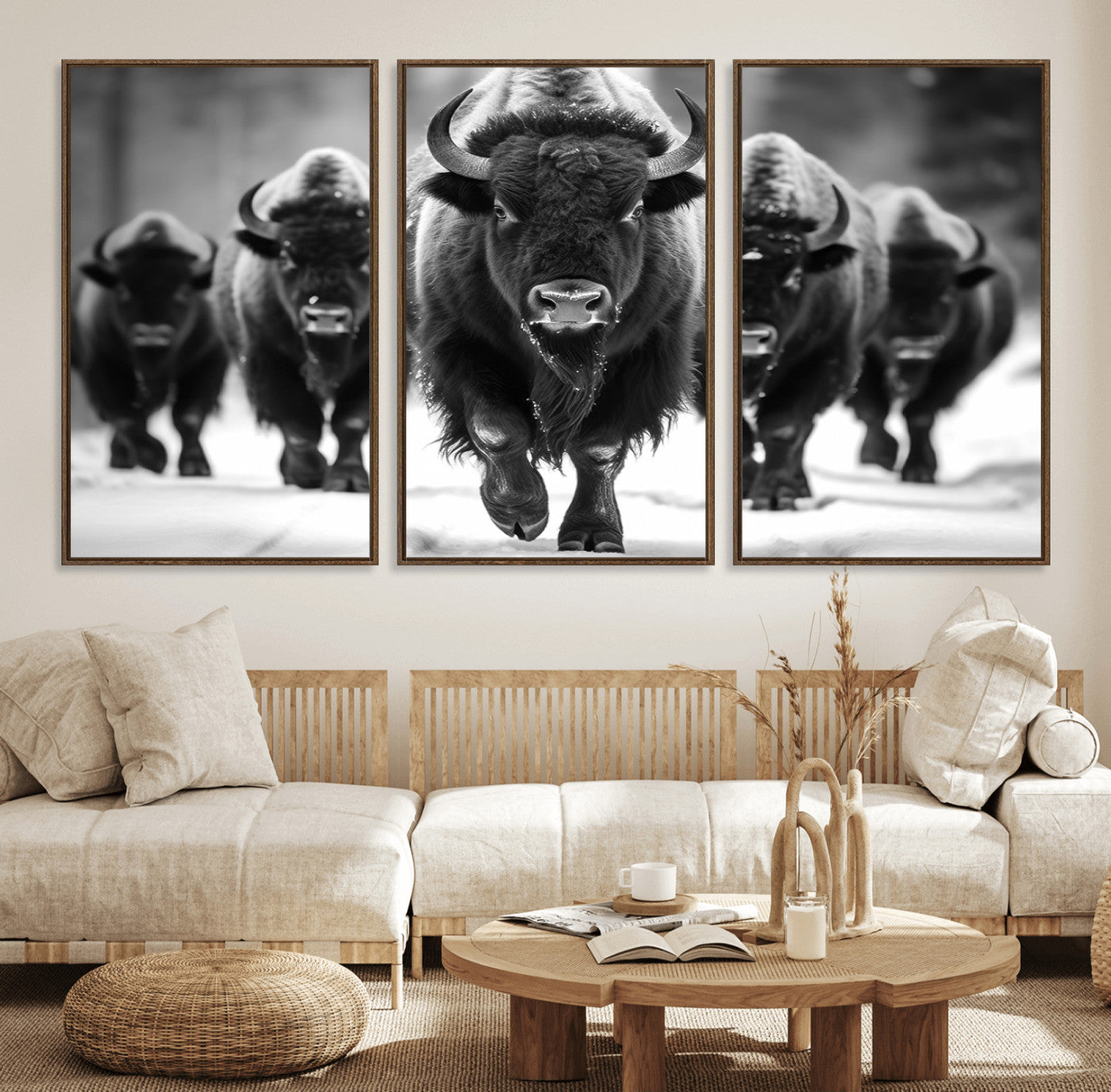 MGV-FC-60X30-3P - American Bison Art | Buffalo Herd Wall Art Canvas Print, BW American Bison Herd Wall Art Canvas