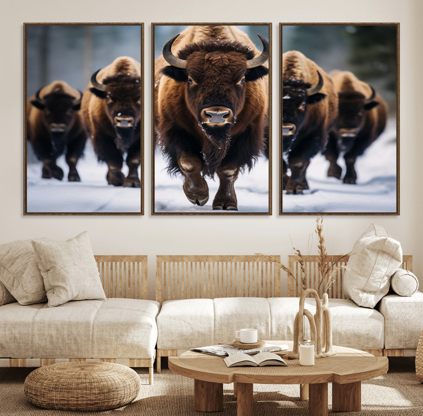89854-MGV-FC-60X30-3P_Walnut-Buffalo Wall Art Canvas Print, American Bison Herd Wall Art Canvas Print - Bison Canvas Print
