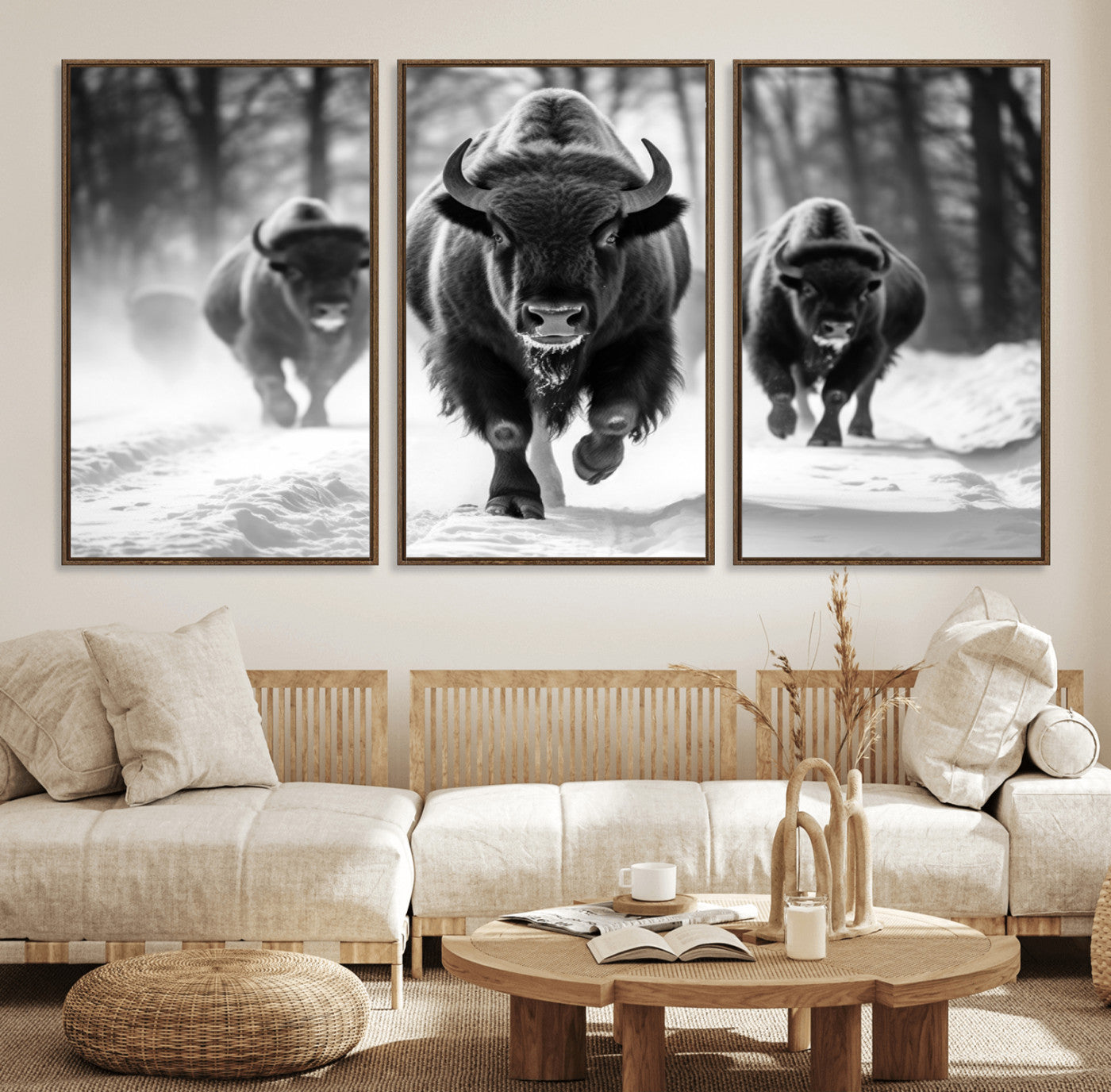 97552-MGV-FC-60X30-3P_Walnut-Buffalo Wall Art Canvas Print, Bison Family Wall Art Canvas Print