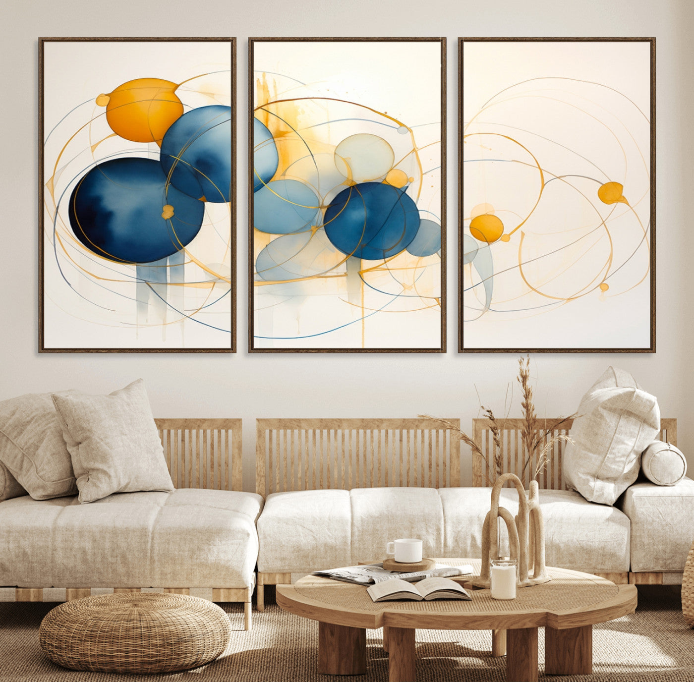 -Geometric Blue Orange Abstract Wall Art Canvas, Geometric Blue Orange Canvas Print