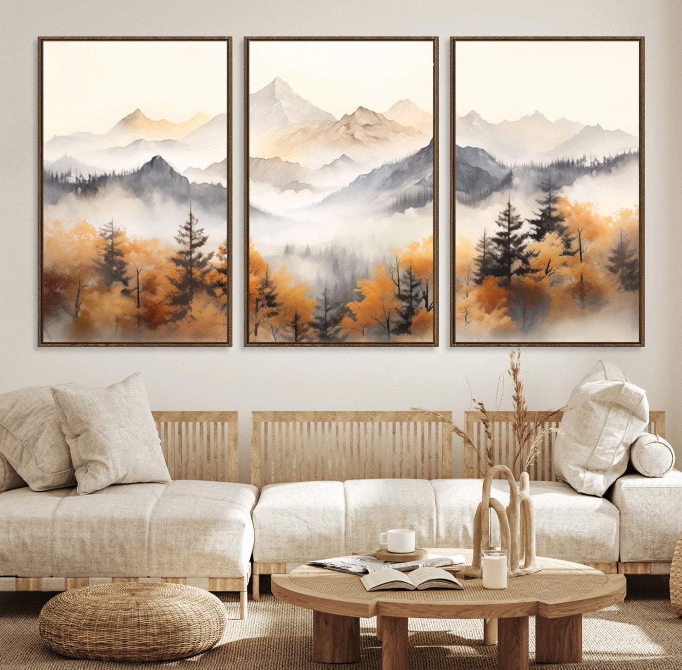 MGV-FC-60X30-3P - Mountain and Forest Landscape Wall Art | Misty Autumn Forest and Mountains Canvas Print for Living Room, Bedroom, Office | Large Wall Art Decor