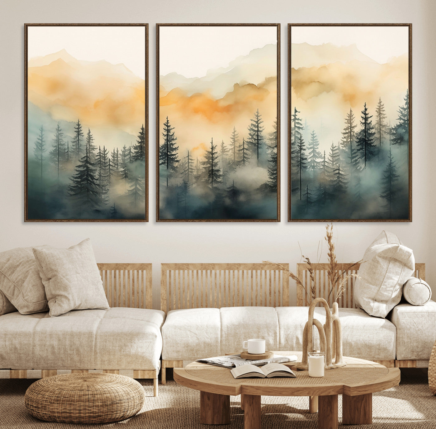 34155-MGV-FC-60X30-3P_Walnut-Abstract Forest Print - Mountain Wall Art | Autumn Landscape Canvas Print for Living Room, Bedroom,