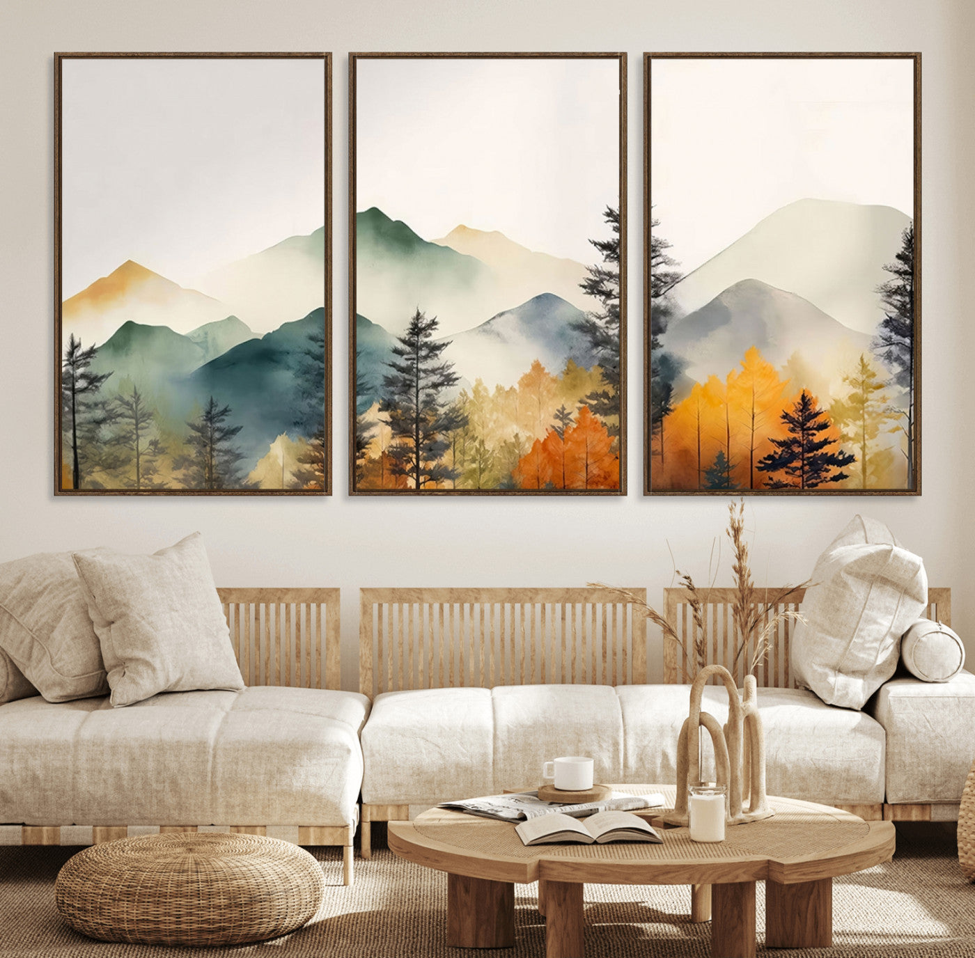 25689-MGV-FC-60X30-3P_Walnut-Abstract Watercolor Mountains and Trees Autumn Wall Art, Mountains and Trees Autumn Wall Art Canvas