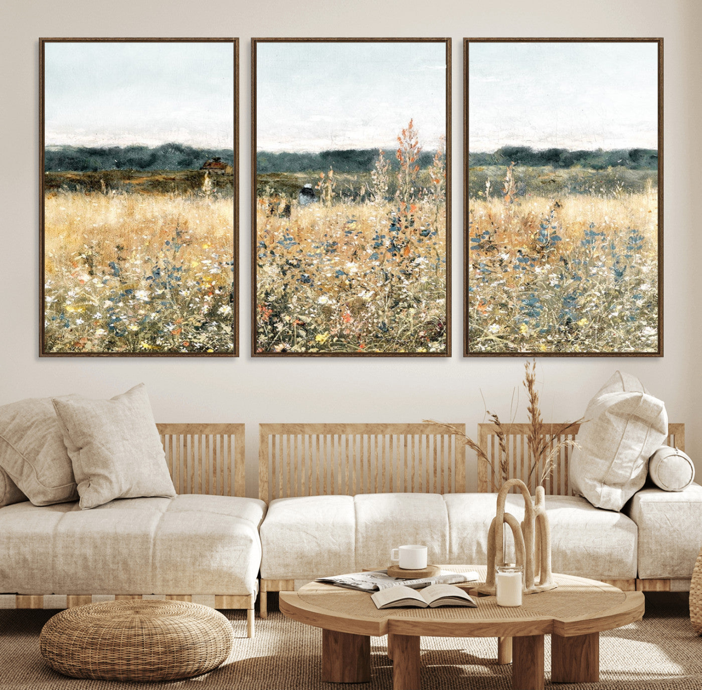 98941-MGV-FC-60X30-3P_Walnut-Wildflower Field Wall Art Canvas | Nature-Inspired Landscape Canvas Print for Living Room or Office