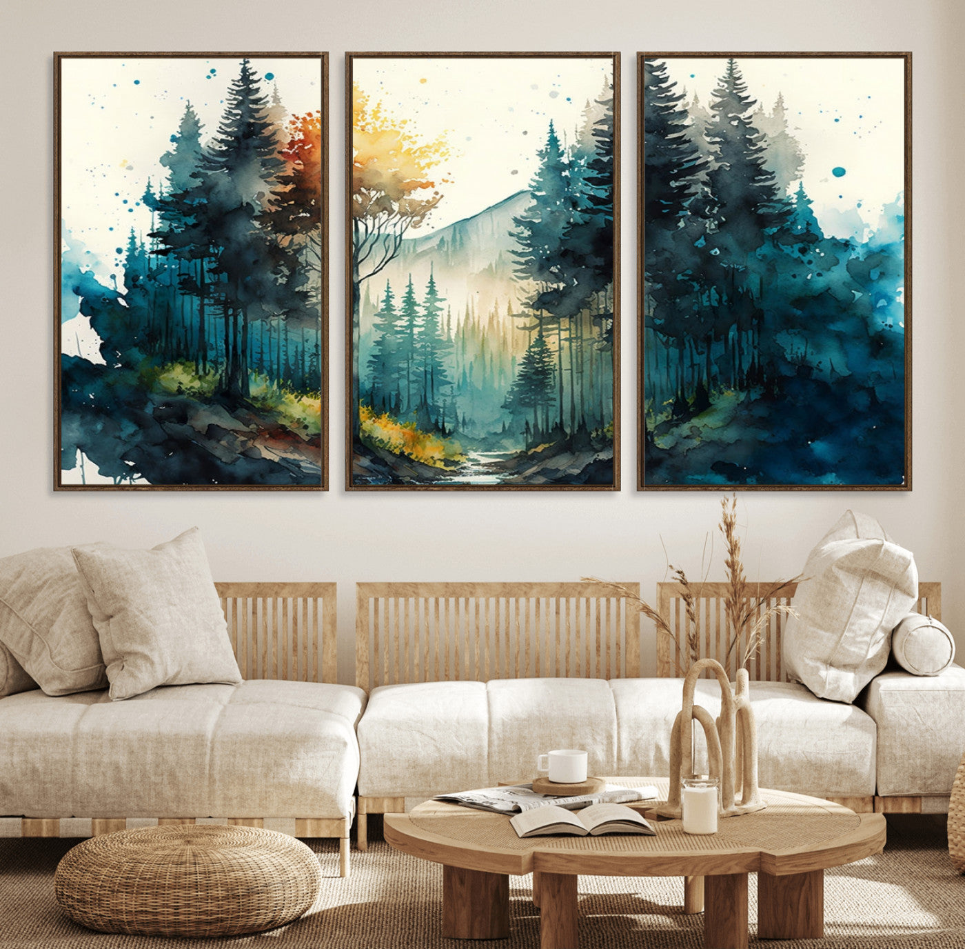 96186-MGV-FC-60X30-3P_Walnut-Watercolor Trees Forest Abstract Wall Art Canvas Print, Framed Watercolor Trees Wall Art