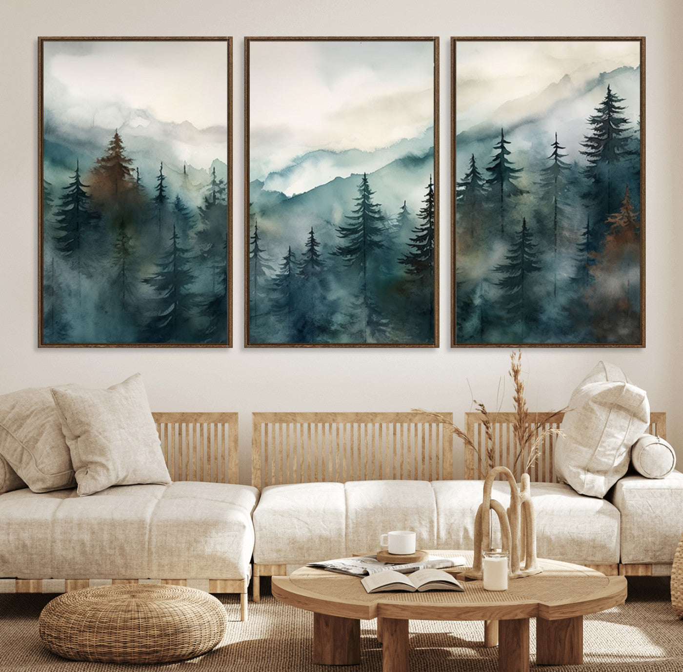 MGV-FC-60X30-3P - Serenity Forest Wall Art Canvas | Foggy Mountain Landscape Canvas Print for Living Room or Office | Nature-Inspired Woodland Decor