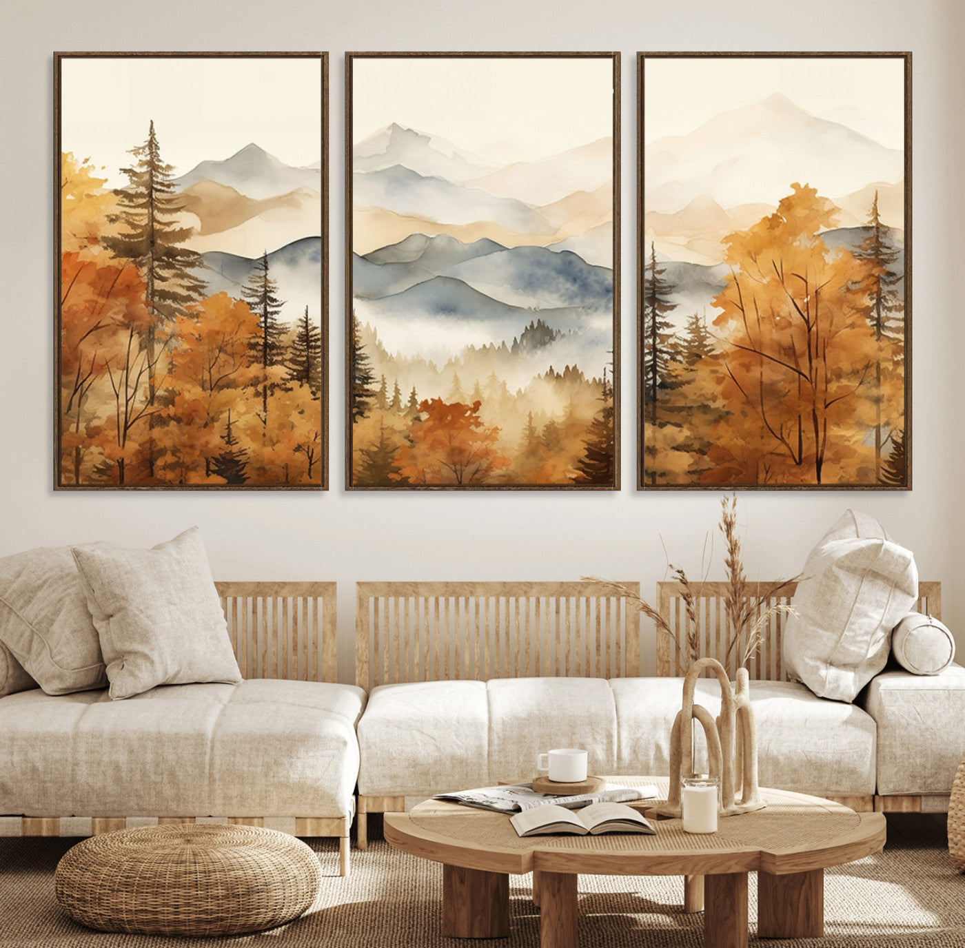 72950-MGV-FC-60X30-3P_Walnut-Golden Autumn Forest Wall Art Canvas | Mountain Landscape Canvas Print for Living Room or Bedroom |