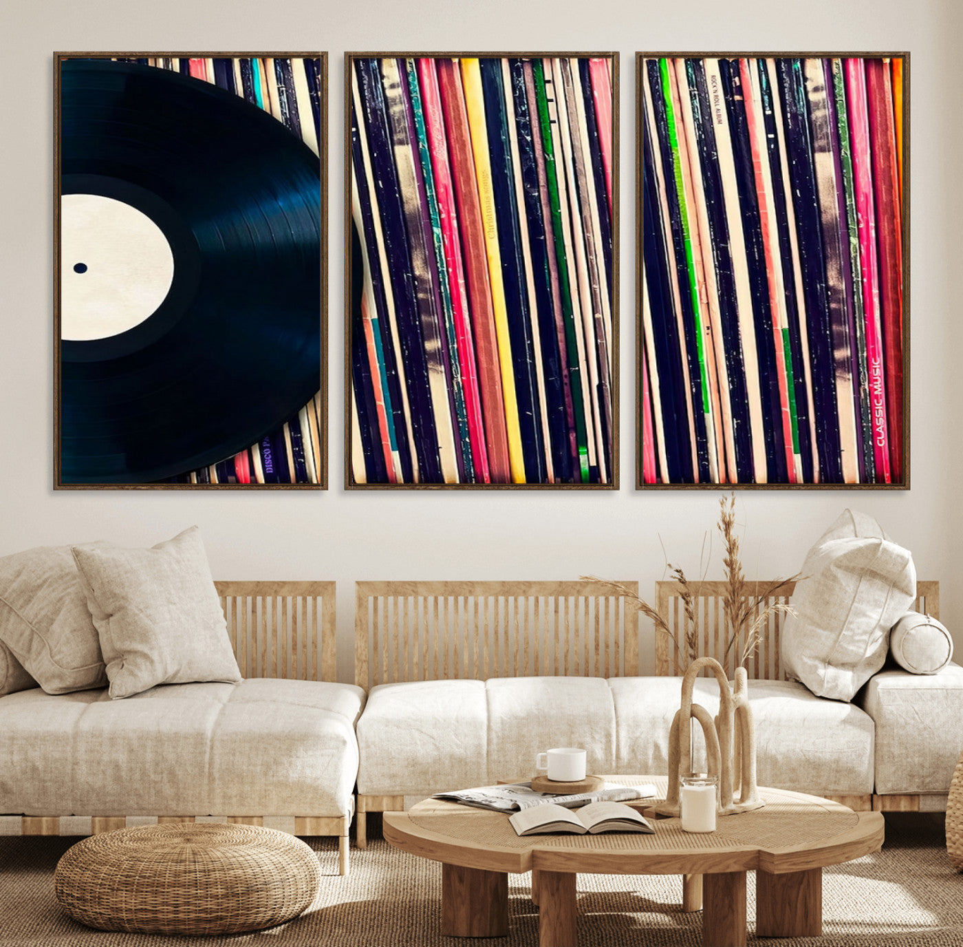 45029-MGV-FC-60X30-3P_Walnut-Vinyl Record and Album Collection Canvas Wall Art - Retro Music Decor, Vintage Vinyl, Vinyl Record