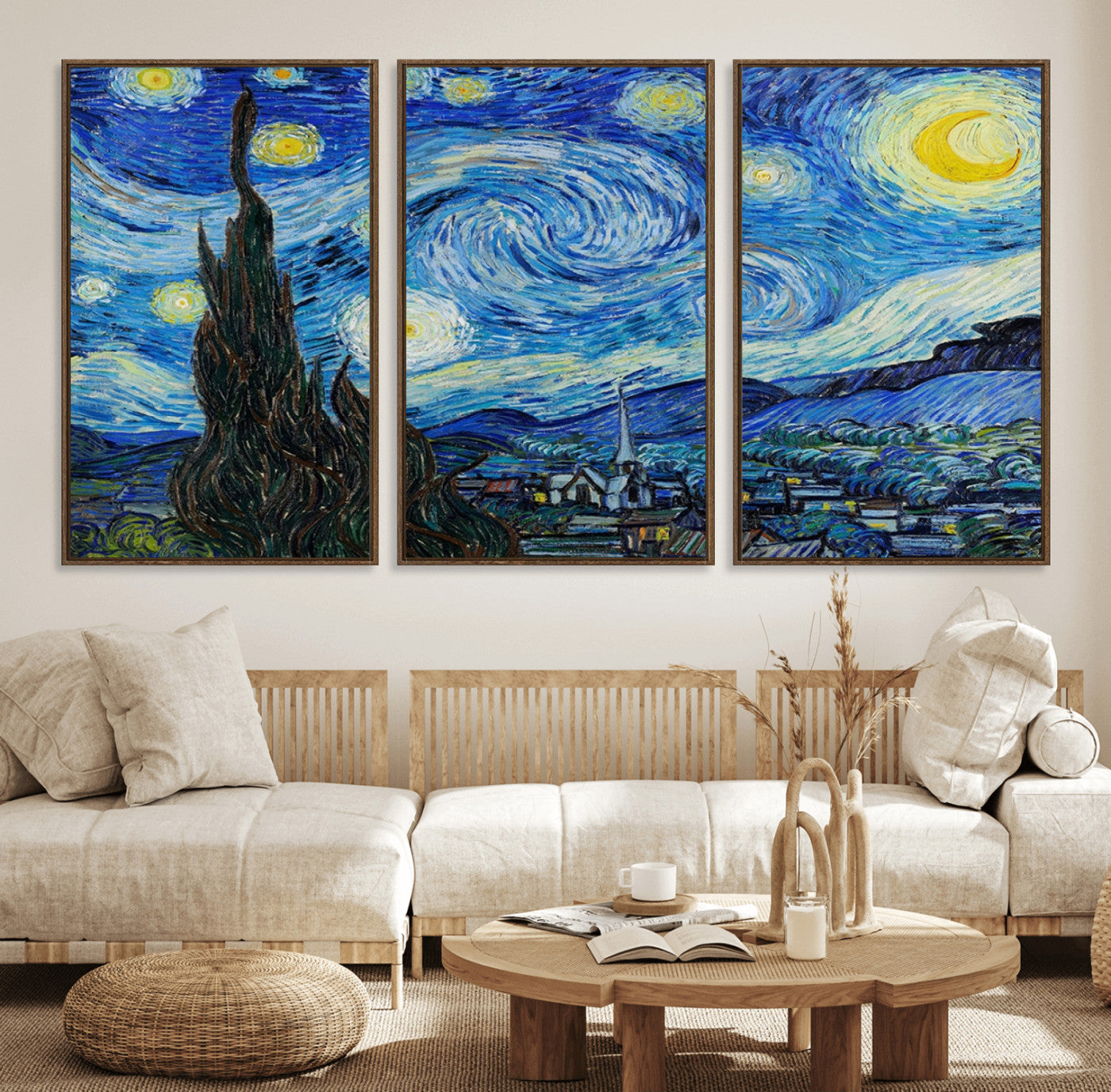 39177-MGV-FC-60X30-3P_Walnut-Vincent Van Gogh The Starry Night Abstract Wall Art Canvas Print