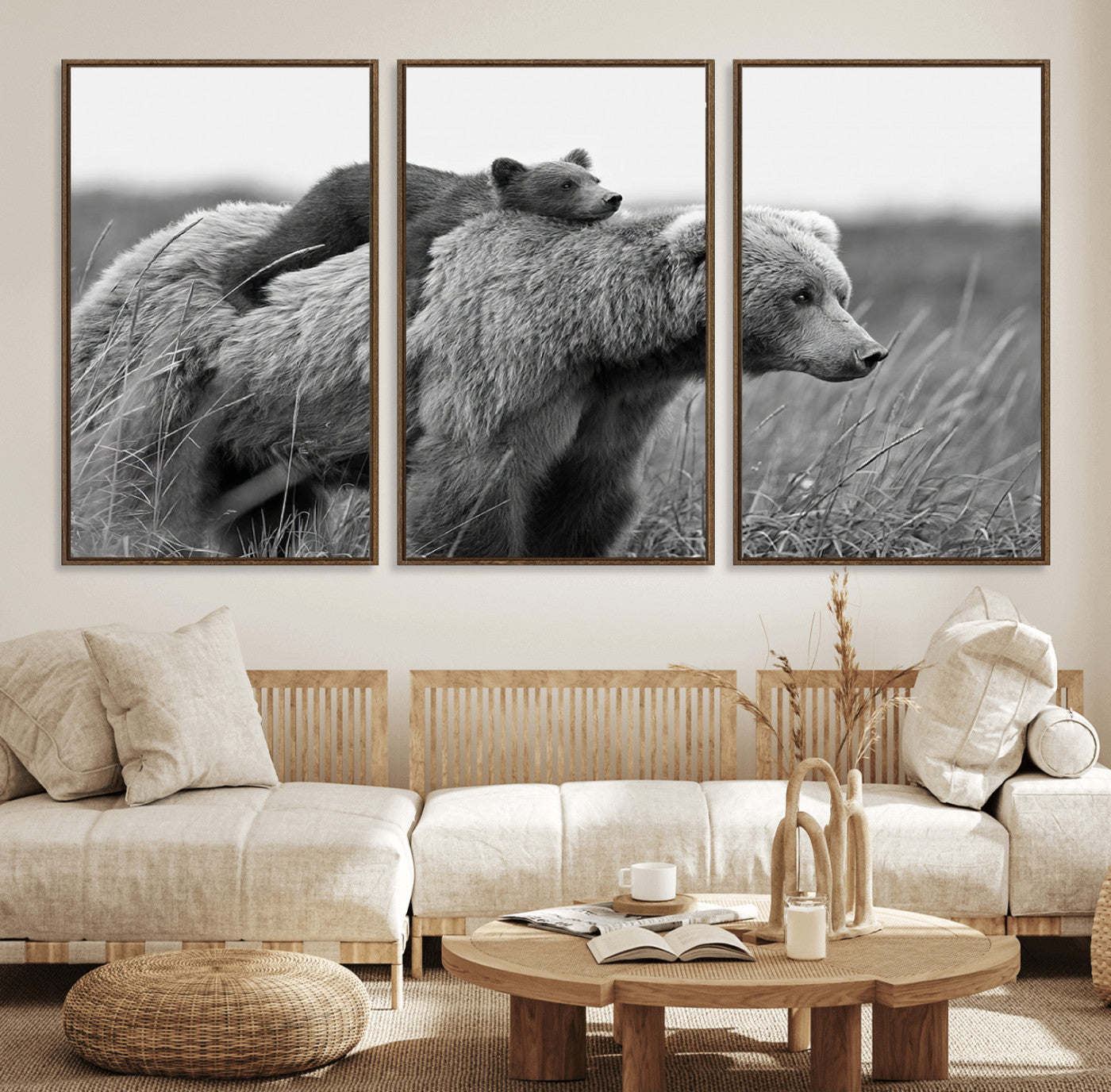 76338-MGV-FC-60X30-3P_Walnut-Bear and Cub Wall Art Canvas | 399 Bear Cub Wildlife-Inspired Animal Art for Living Room or Office |