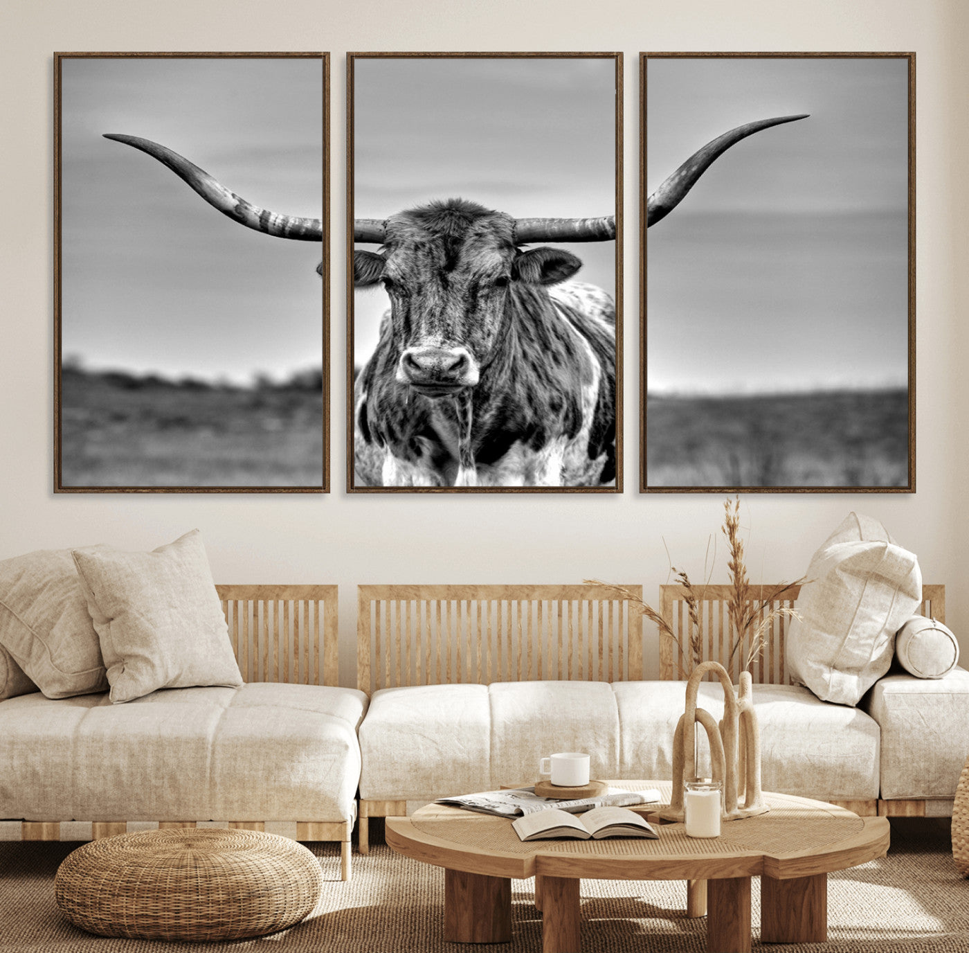 70836-MGV-FC-60X30-3P_Walnut-Texas Longhorn Cow Wall Art, Texas Longhorn Canvas, Cattle Canvas Print